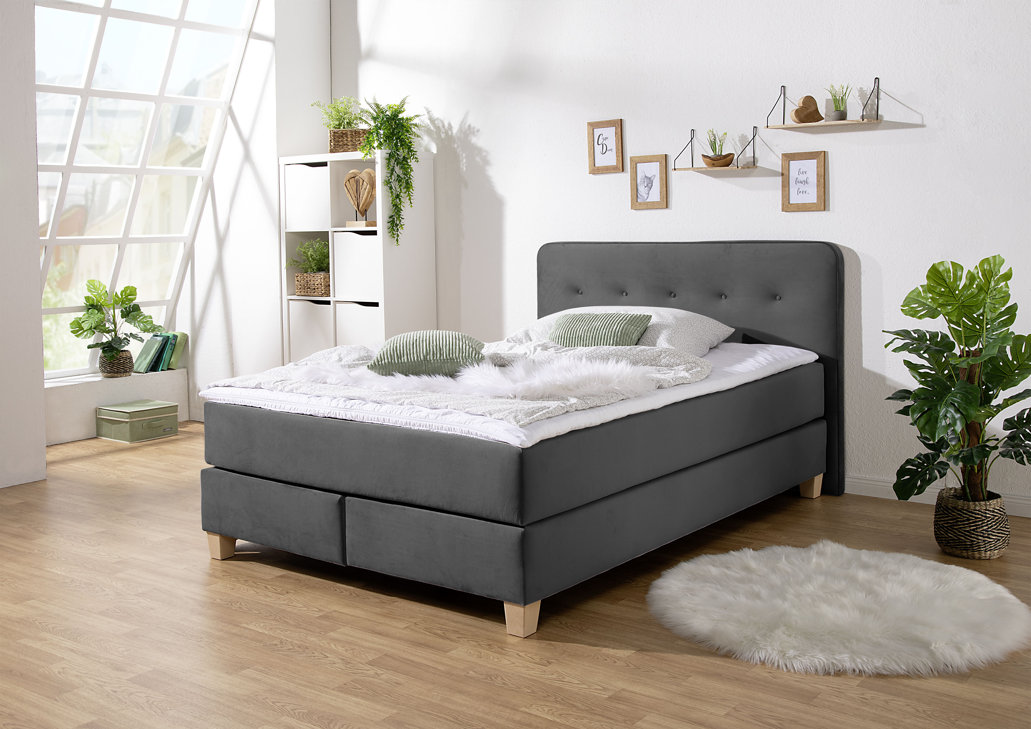 Boxspringbett HOME AFFAIRE "Fargo", grau (anthrazit), B:153cm L:227cm, Struktur fein (100% Polyester);Samtstoff (100% Polyester), Komplettbetten, in Überlänge 220 cm, mit Topper, 3 Ausführungen, 4, Breiten Image