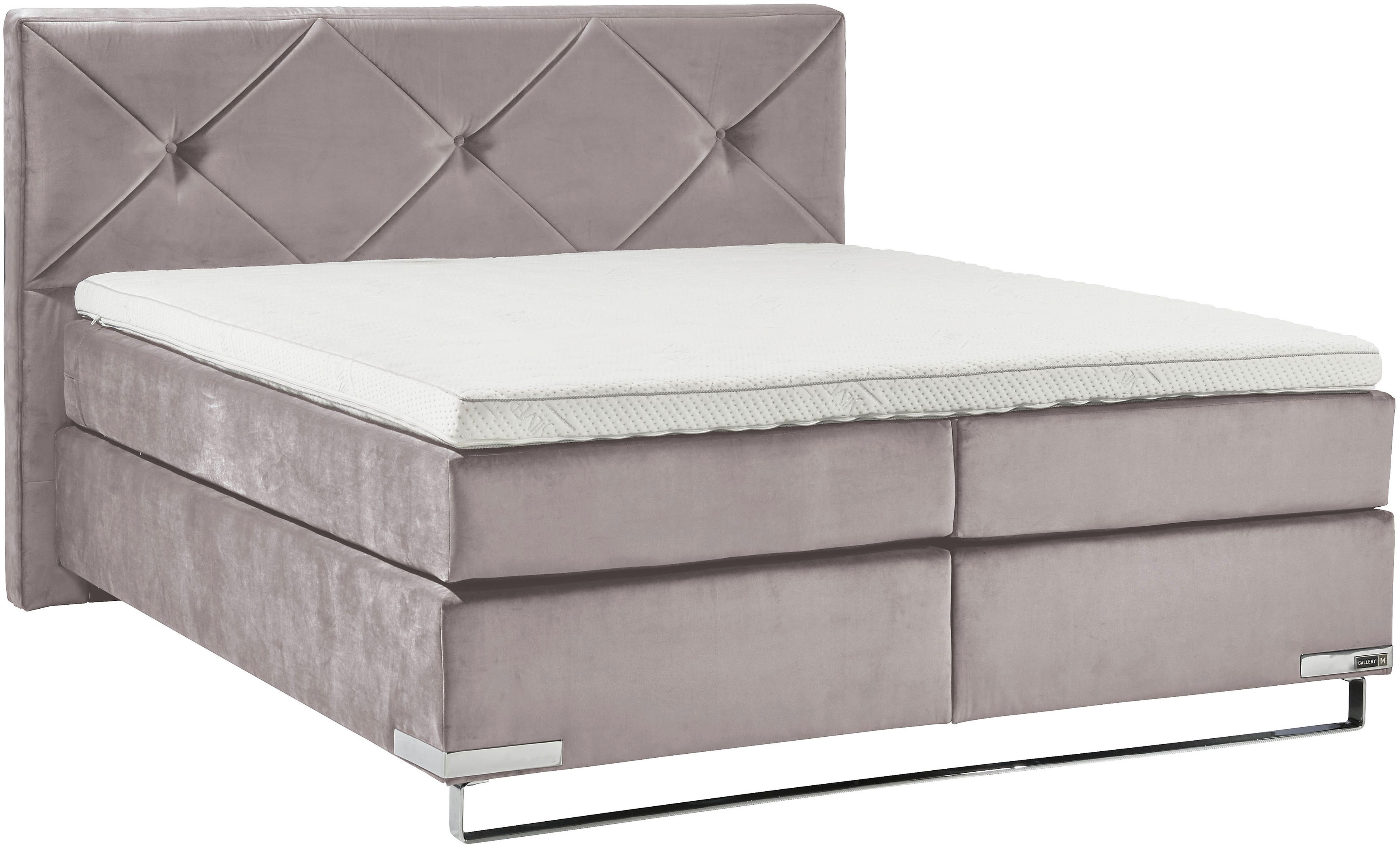 Boxspringbett "Dubai", lila (d 531 flieder), B:197cm L:214cm, GALLERY M BRANDED BY MUSTERRING, Komplettbetten, Boxspringbett, Kufe in Chrom, 3 Härtegrade, Kopfteil mit Knopfheftung Image