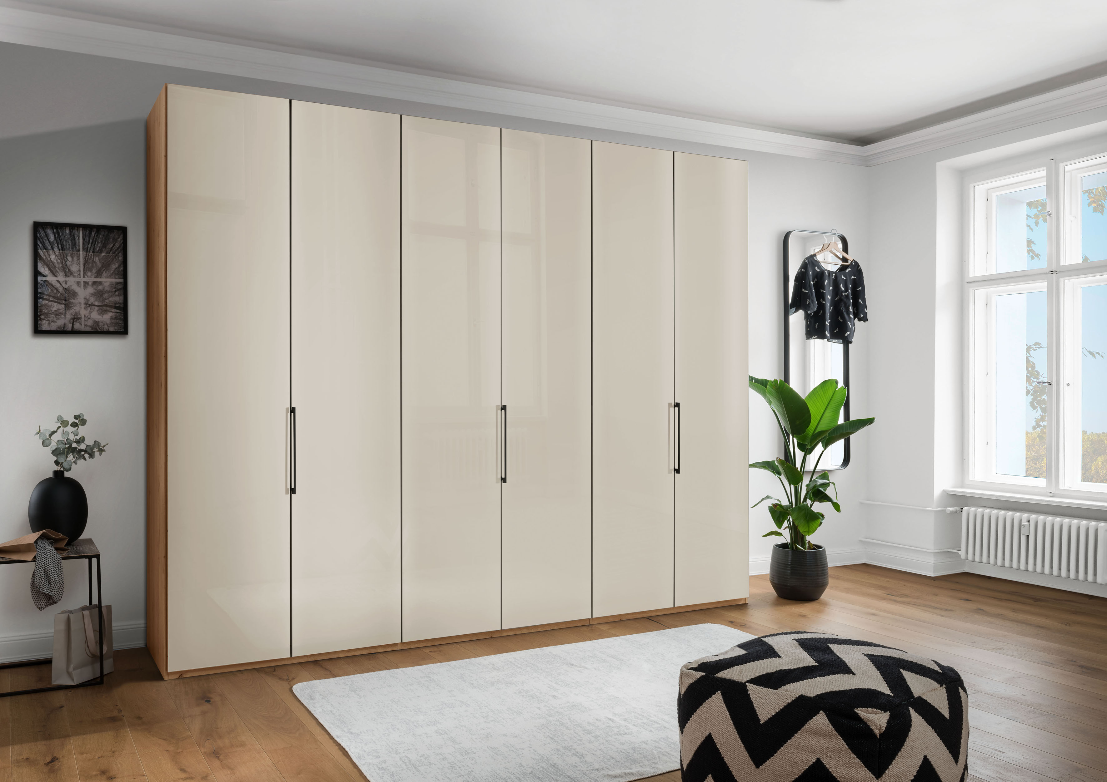 Falttürenschrank WIEMANN "Monaco", braun (bianco, eiche, nachbildung, glas champagner), B:295,2cm H:236cm T:58cm, Floatglas, Holzwerkstoff, Schränke, Kleiderschrank Drehtürenschrank, mit Glasfront sowie hochwertige Beschläge