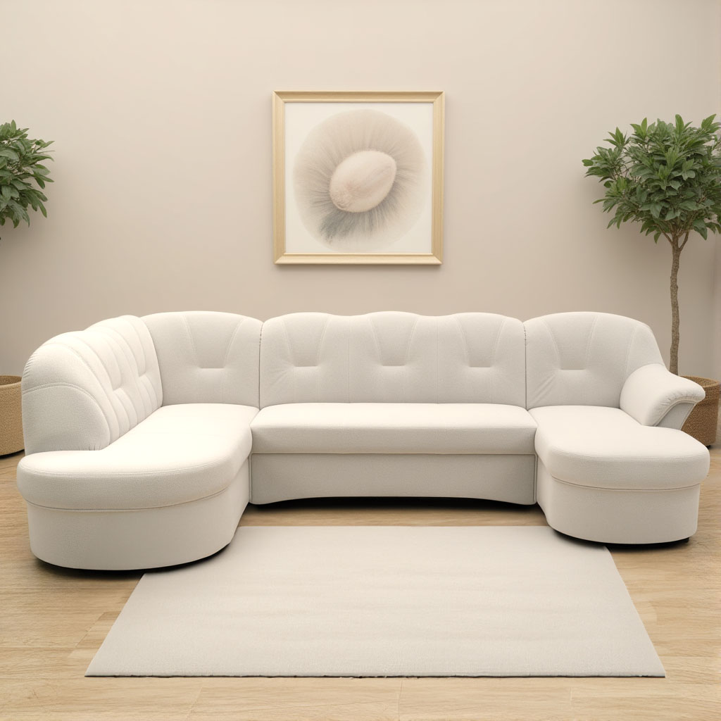 Wohnlandschaft DOMO COLLECTION "Flores auch in Leder-Bezug, B/T/H: 293/180/86 cm, U-Form", beige (creme), B:293cm H:84cm T:182cm, 100% Polyester, Sofas, wahlweise mit Bettfunktion, wahlweise mit Federkern, Topseller