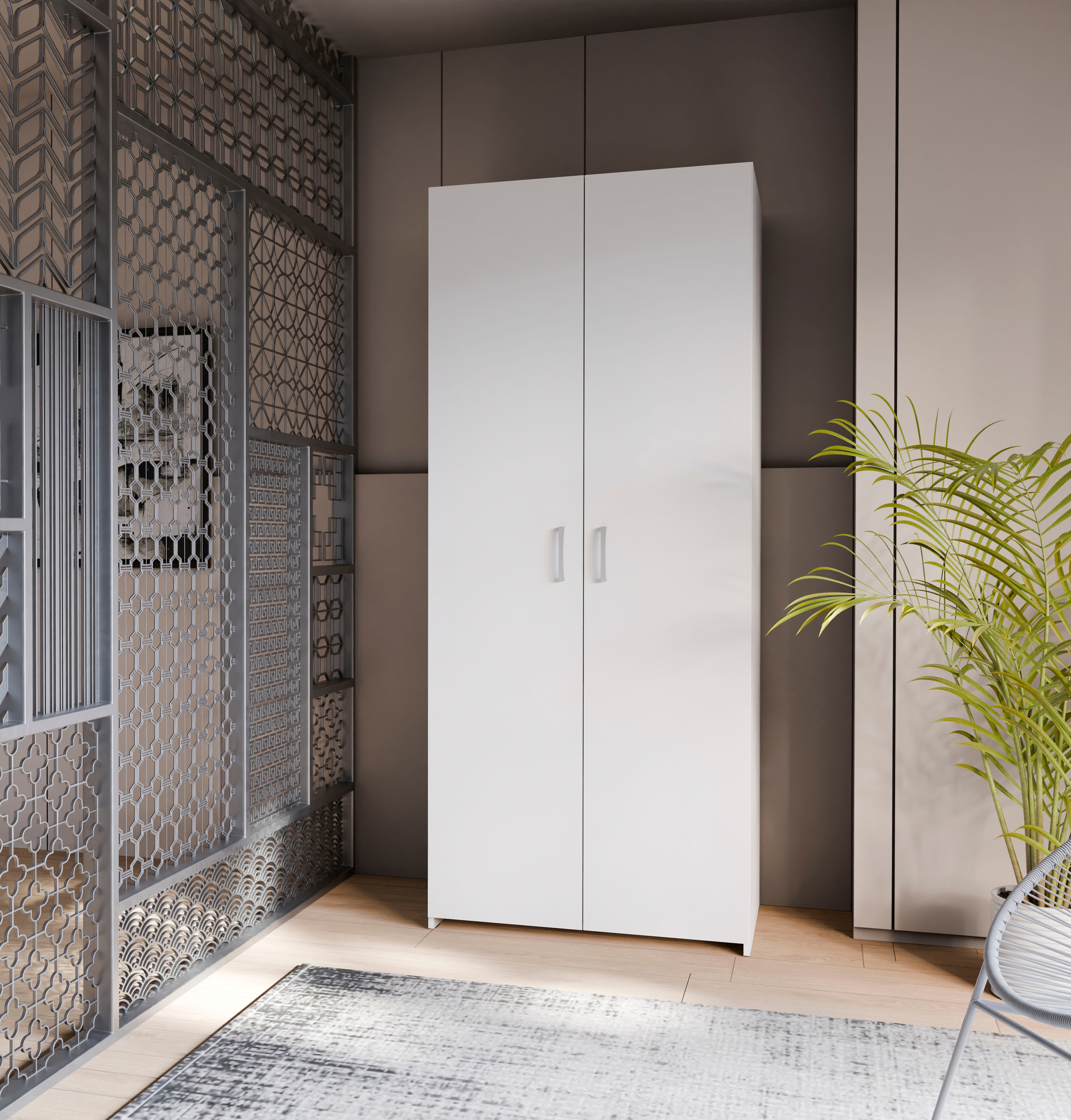 Drehtürenschrank FORTE "Econobox", weiß, B:79,7cm H:190,5cm T:54,4cm, Spanplatte, Schränke, Drehtürenschrank, Drehtürenschrank, zeitloses Design mit alufarbigen Griffen.