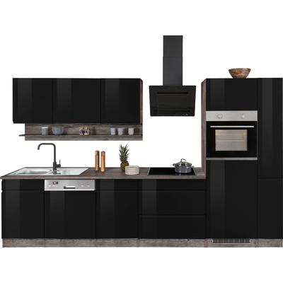 Küchenzeile KOCHSTATION "KS-Virginia", schwarz (front: schwarz hochglanz, korpus: eiche vintage, arbeitsplatte: eiche vintage), B:330cm H:200cm T:60cm, Komplettküchen-Sets, Breite 330 cm, ohne E-Geräte Image