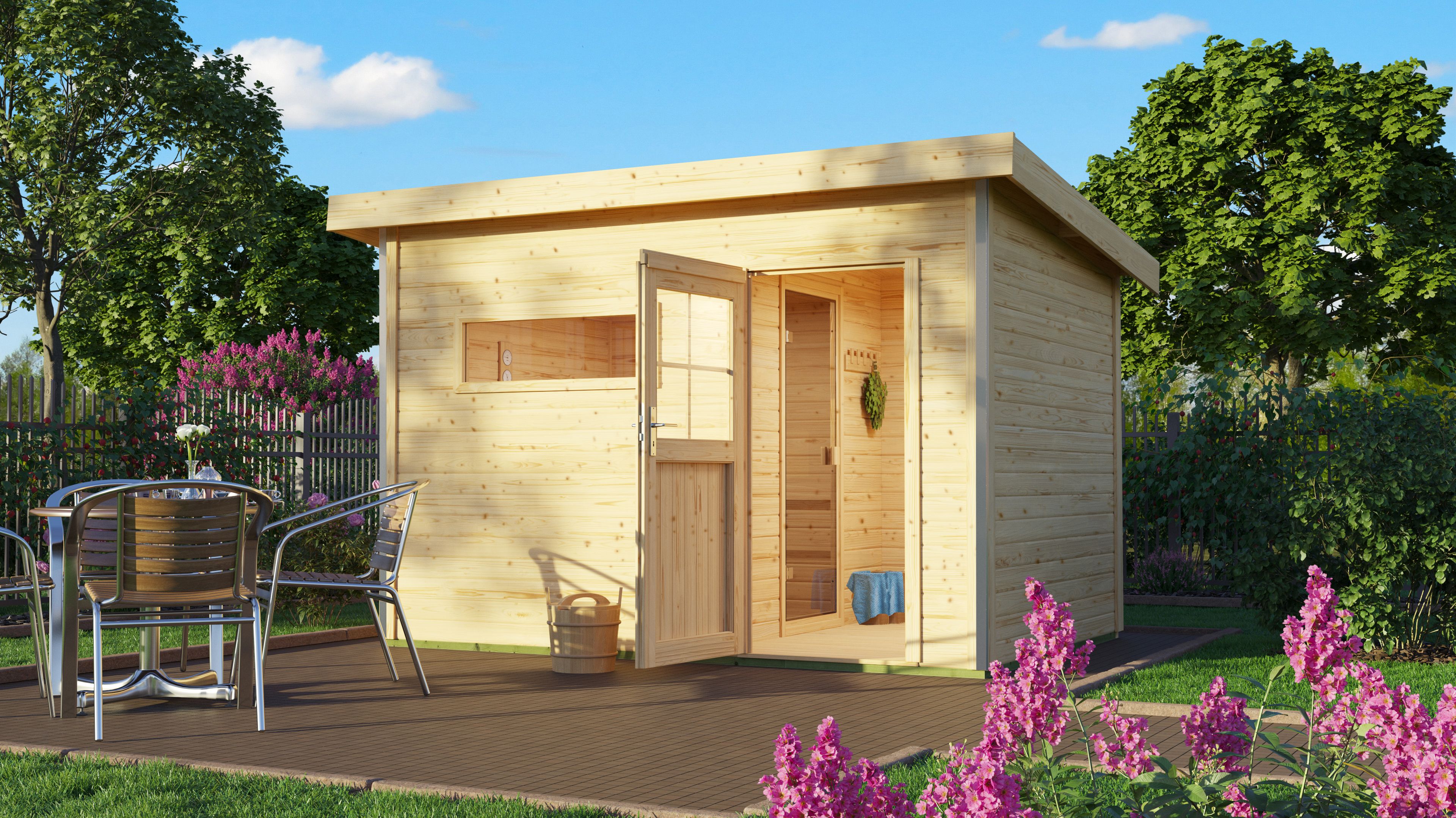 Saunahaus KARIBU "»Simon 2« mit klassischer Tür, naturbelassen", beige (naturbelassen), Saunaofen, externe Steuerung, (ohne Ofen), Saunen