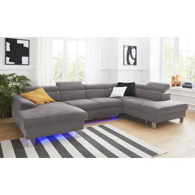 Wohnlandschaft COTTA "Komaris U-Form mit Kopfteilverstellung", grau (schwarzgrau), B:320cm, Microfaser PRIMABELLE (100% Polyester), Kunstleder SOFTLUX, Feinstruktur (100% Polyester), Kunstleder SOFTLUX/Struktur (100% Polyester), NaturLEDER, Sofas,... Image