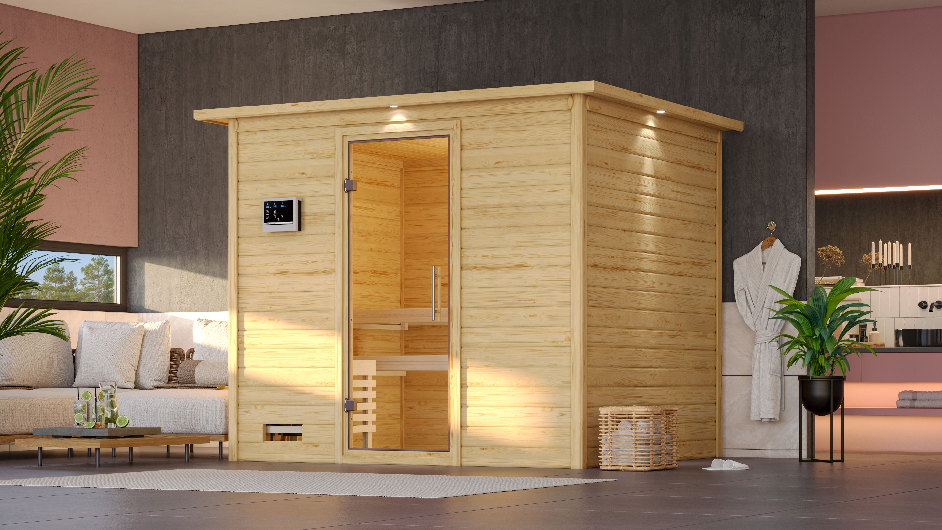Sauna KARIBU "Soraja", beige (naturbelassen), ohne Ofen, (ohne Ofen), Saunen, ohne Ofen Image