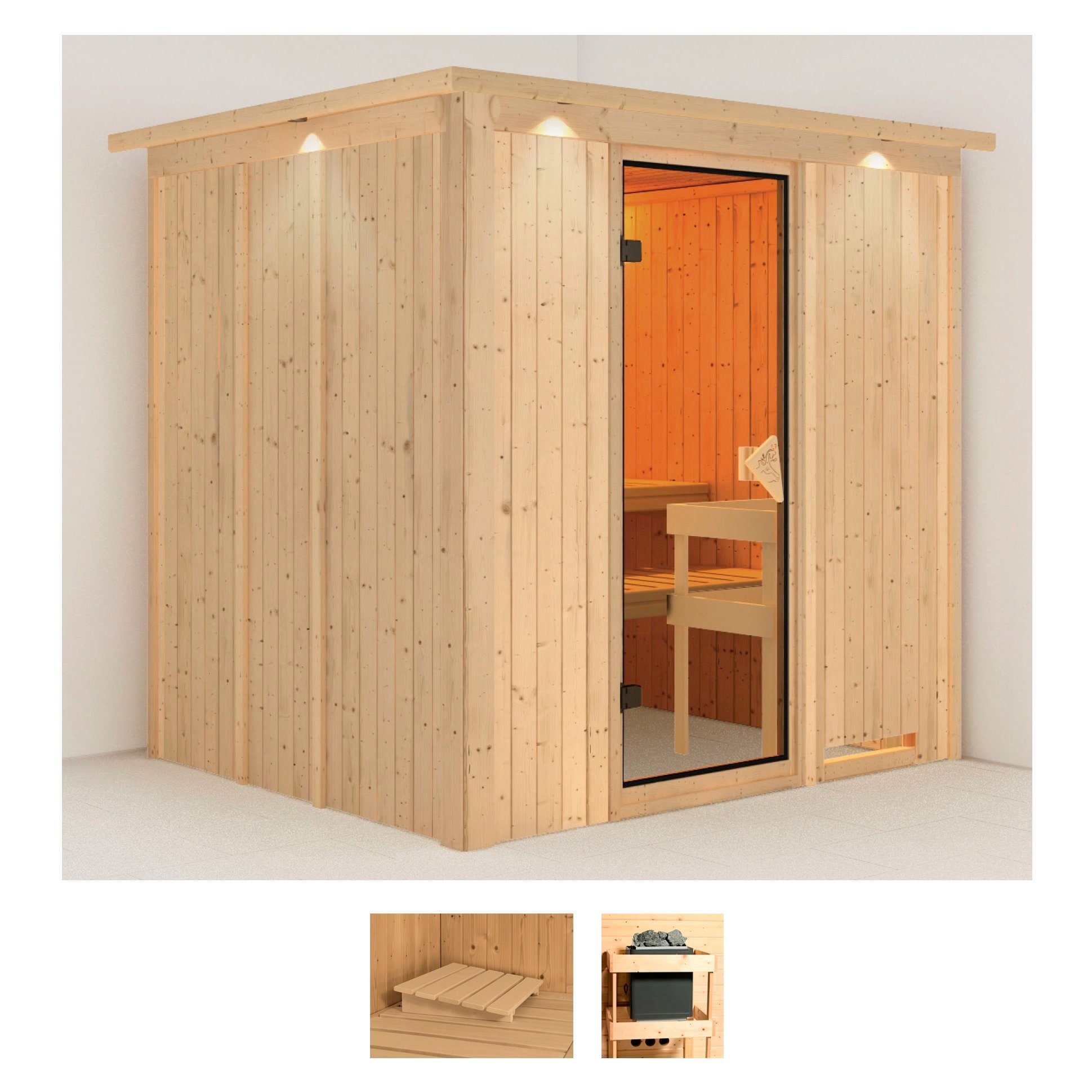 Sauna KARIBU "Dima", beige (naturbelassen), ohne Ofen, (ohne Ofen), Saunen, ohne Ofen Image
