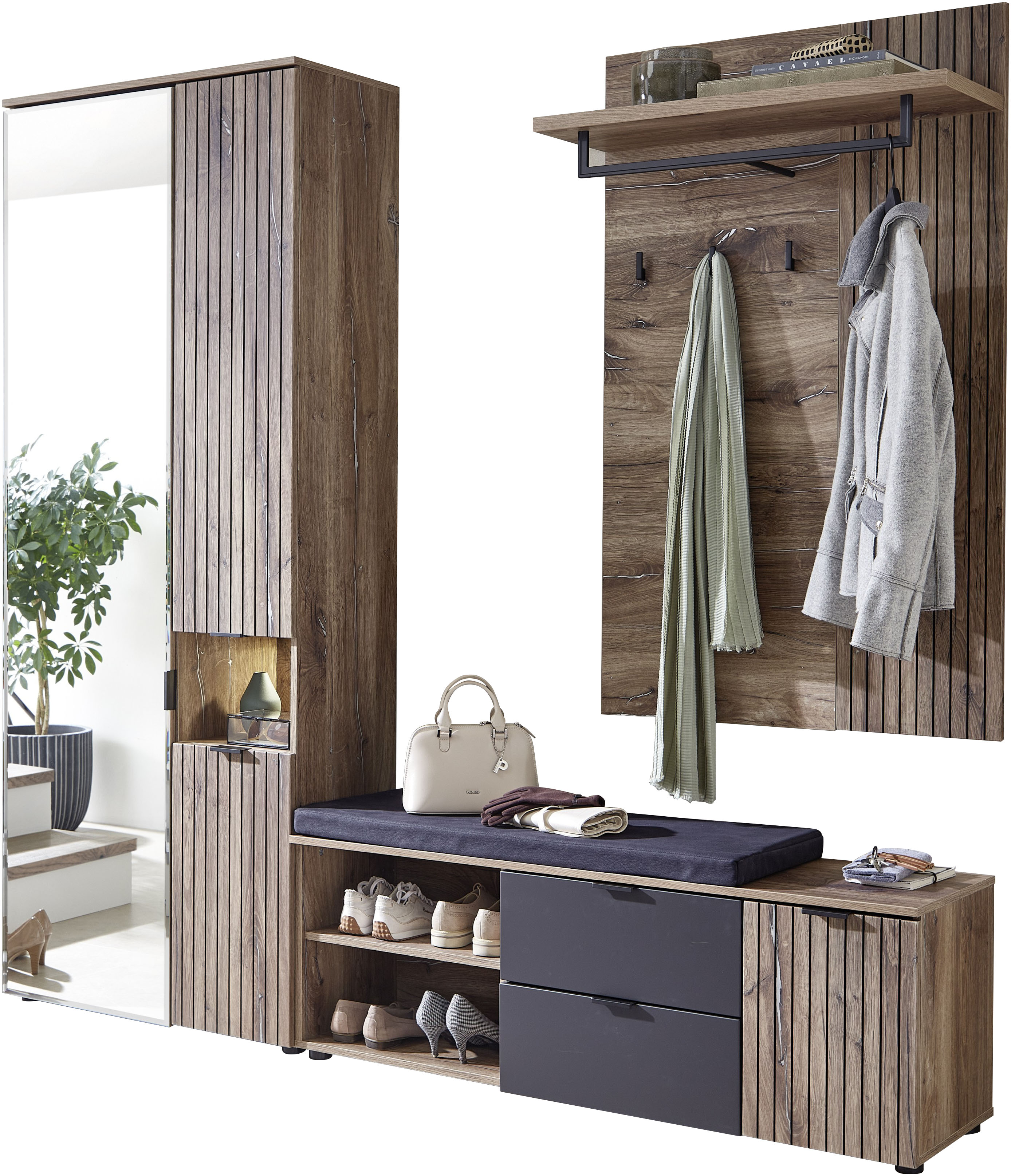 Garderoben-Set INNOSTYLE "LINEA Garderoben Set,besteht aus 3 Typen, 216x204x38cm (B/H/T)", grau (flagstaff oak umbra), Kastenmöbel-Sets