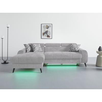 Ecksofa COTTA "Mia L-Form mit 3 Zierkissen", grau, B:236cm H:74cm T:164cm, 90% Polyester 10% Polyamid, Sofas, wahlweise mit Bettfunktion, Bettkasten, Beleuchtung & Wireless-Charger Image