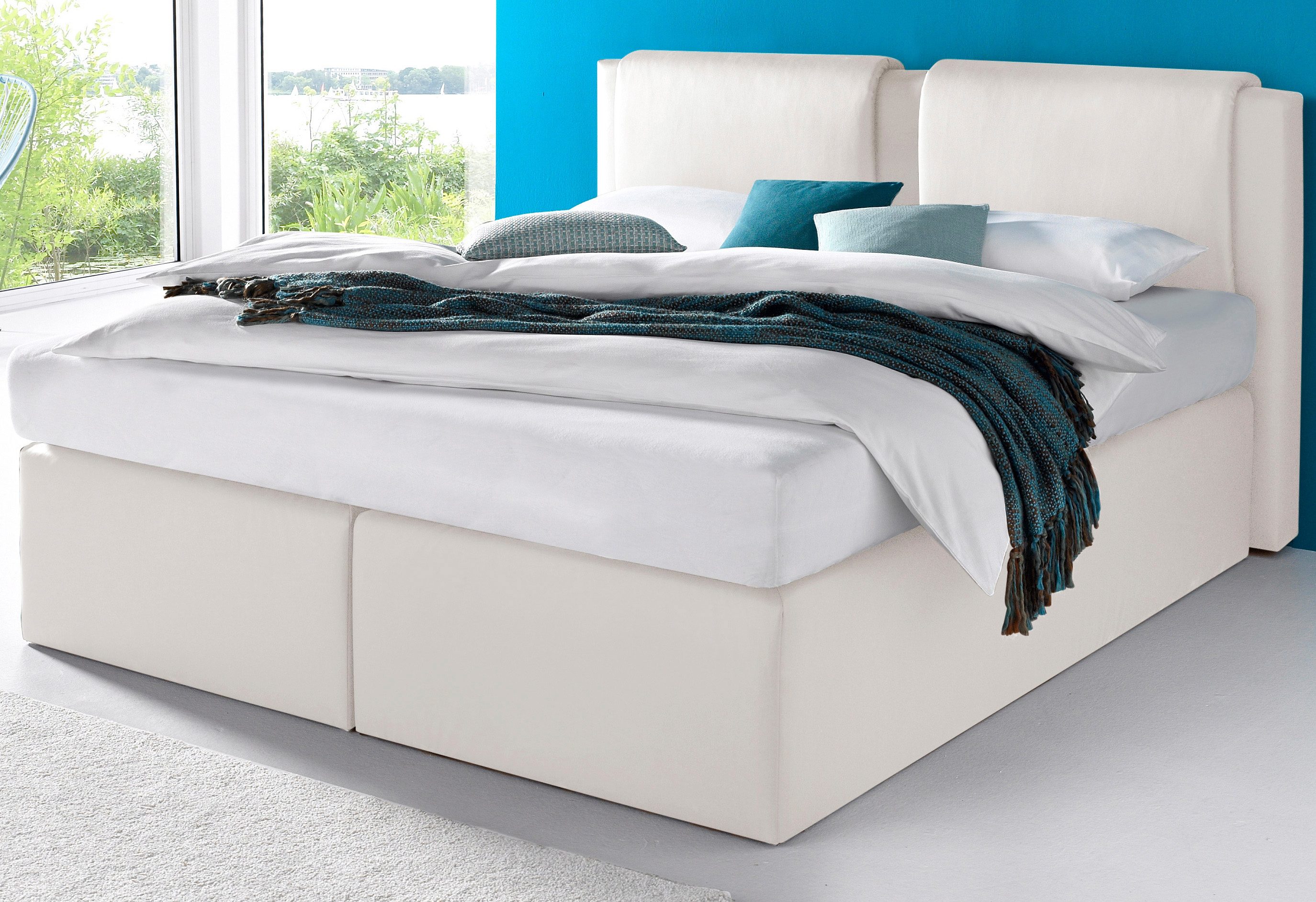 Boxspringbett, weiß, Liegefläche B/L: 180cm x 200cm, H2, 7-Zonen-Kaltschaummatratze, Bonnell- Federkernmatratze: Bezug obere Matratze: 80% Baumwolle, 20% Polyester;7-Zonen-Kaltschaummatratze: Bezug obere Matratze: 80% Baumwolle, 20%...