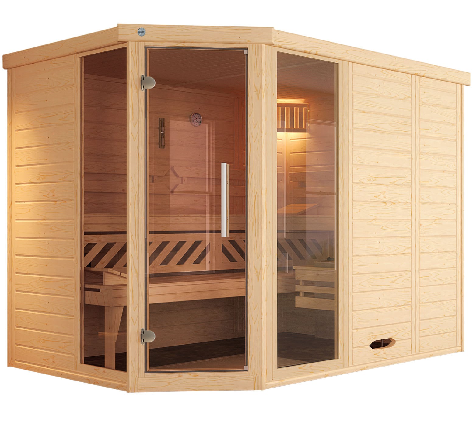 Sauna WEKA "Design-Sauna KEMI Eck 2", beige (natur), Bio-Ofen, externe Steuerung, 9 kW, Saunen, Blockbohlen, vorgef. Elemente, Fensterelement, mod. Ganzglastür