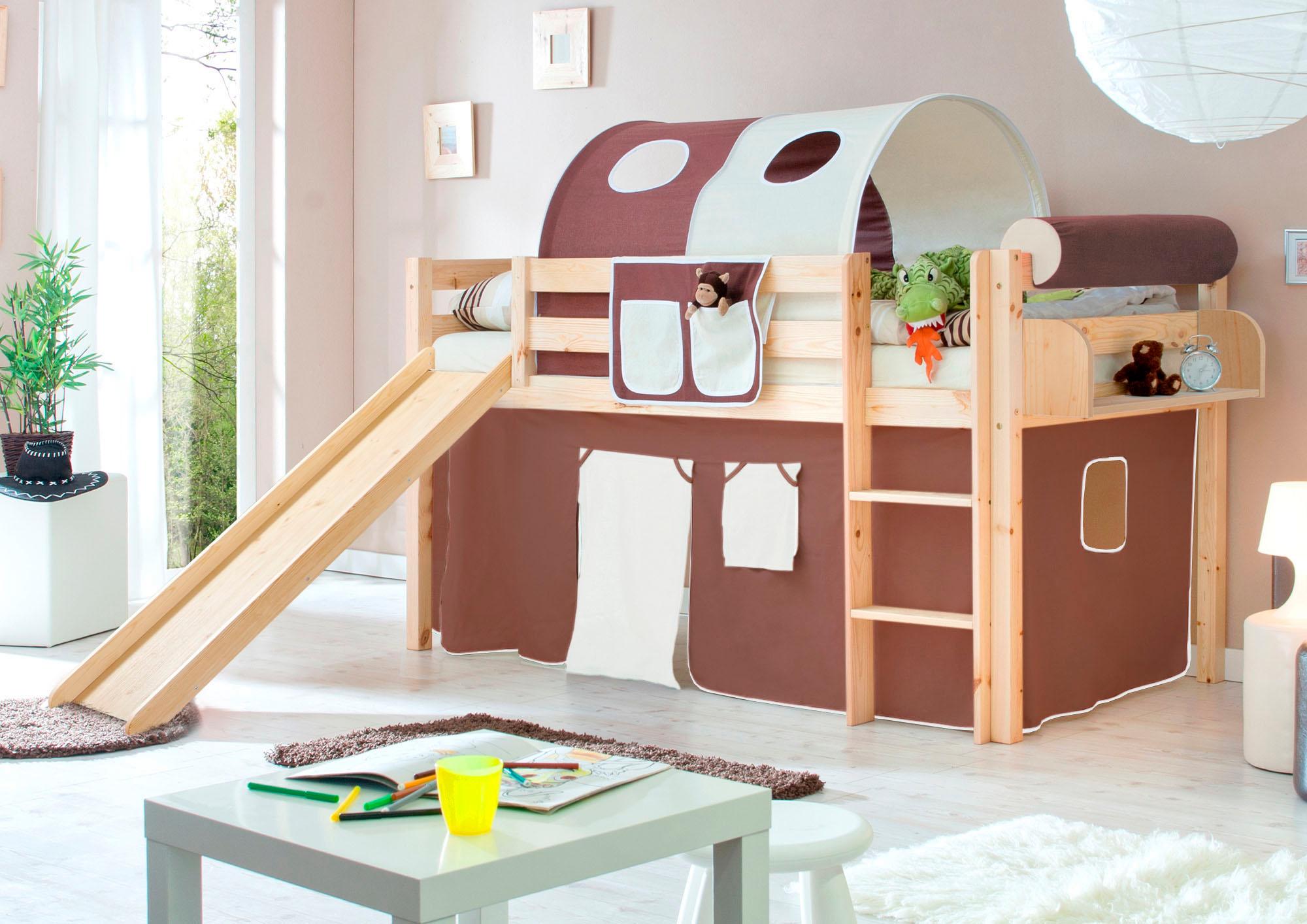 Hochbett TICAA "Manuel", braun (kiefer massiv natur, braun, beige), B:217cm H:114cm L:205cm, Hochbetten, Hochbett, Rollrost und Textil-Set wahlweise mit Matratze, Kiefer massiv natur