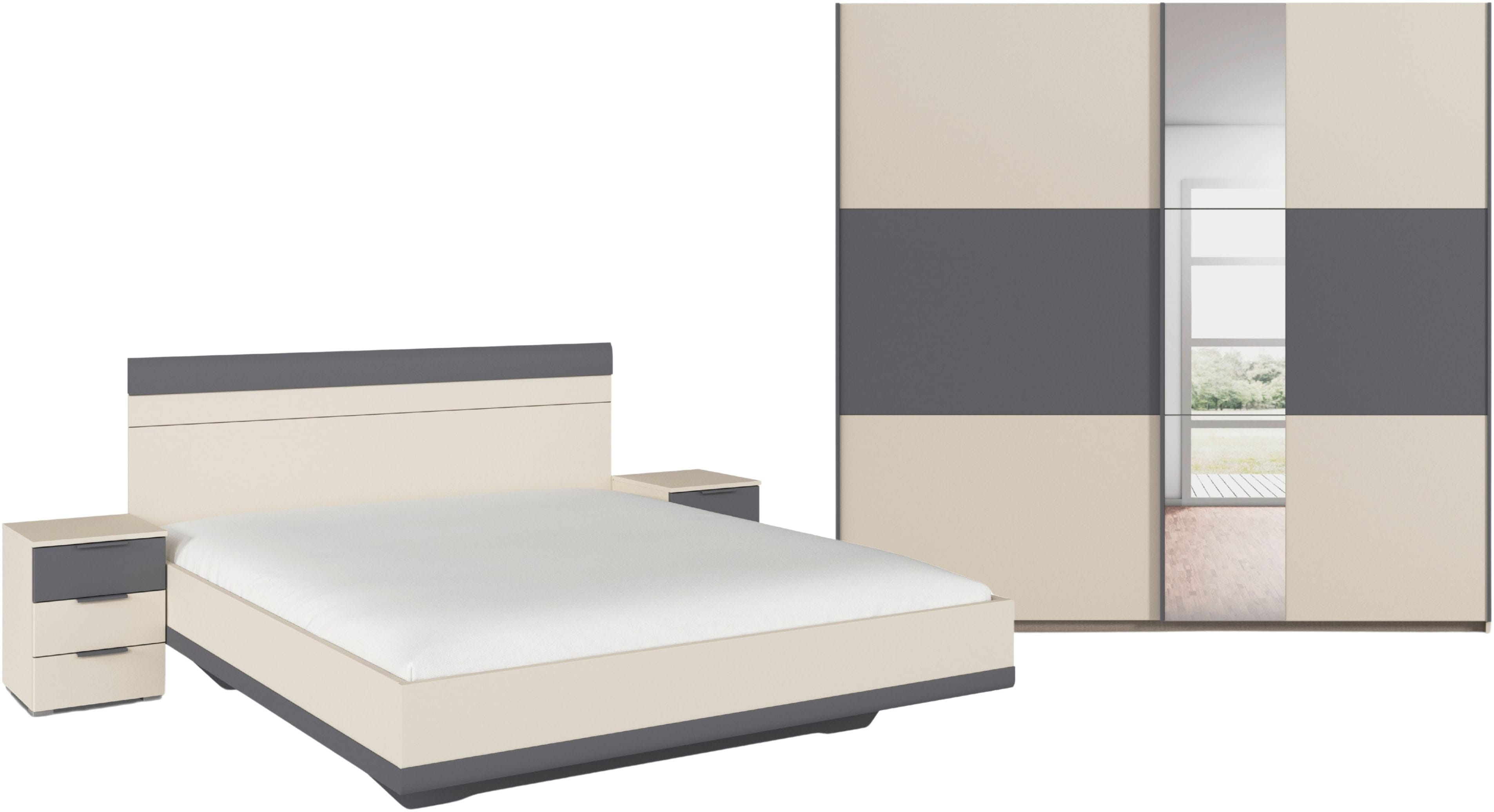 Schlafzimmer-Set RAUCH "Komplettschlafzimmer Schlafzimmer Schlafzimmermöbel SAJO", beige (champagner, graumetallic), Mit Spiegel + ohne Matratze, B/H: 180cm x 200cm, Mit Spiegel, Holzwerkstoff, Schlafzimmermöbel-Sets, optional mit Spiegel am...