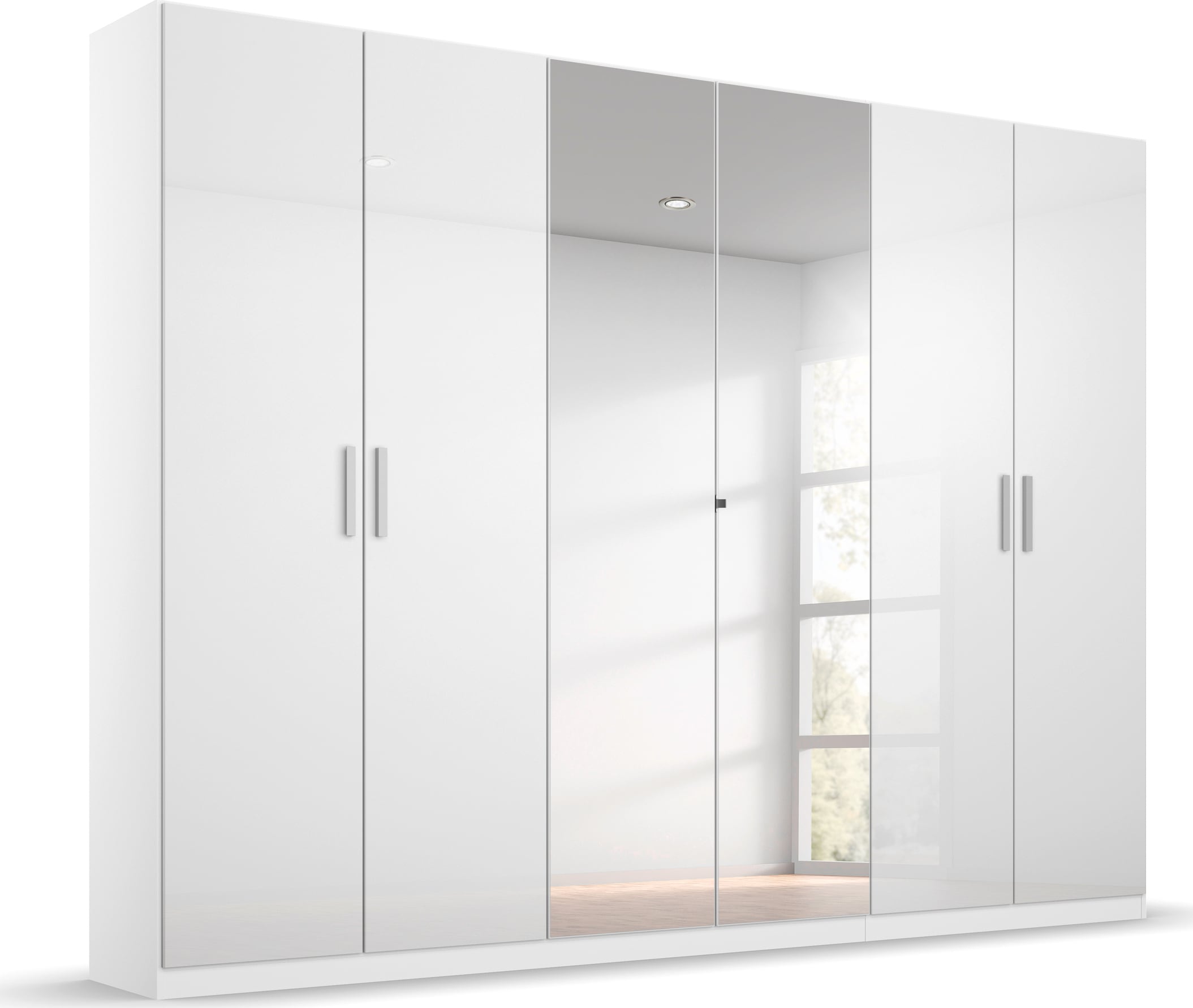 Drehtürenschrank RAUCH "Kleiderschrank Schrank Garderobe KOLUNA Hochglanz-Front und Spiegel", weiß (alpinweiß, hochglanz weiß), B:271cm H:229cm T:54cm, Holzwerkstoff, Schränke, Hochglanzfront mit Spiegel, inkl. 2 Innenschubladen sowie extra Böden Image