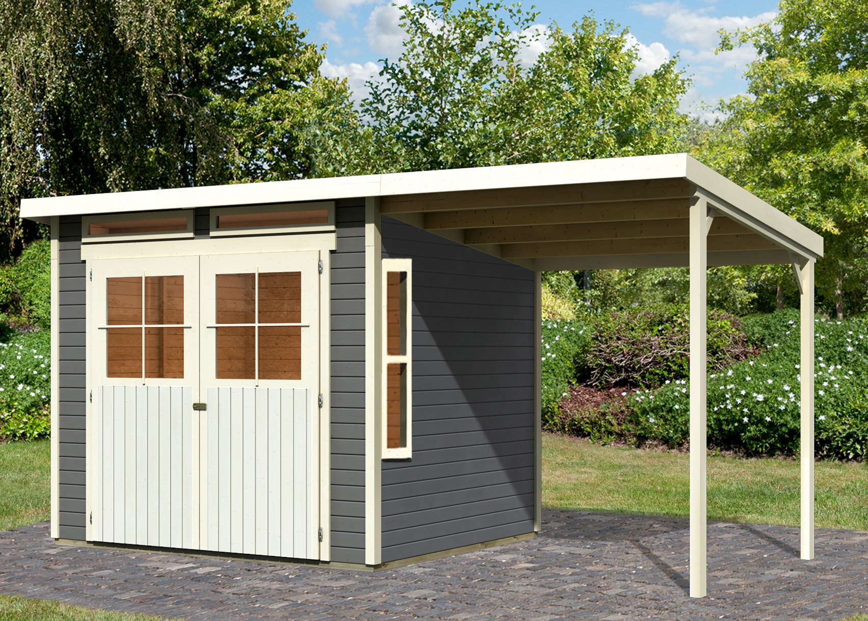 Gartenhaus KARIBU "Falkensee 4", grau (terragrau, elfenbeinfarben, naturbelassen), ohne Fußboden, ohne Dacheindeckung, Holzwerkstoff, Gartenhäuser, Gartenhaus