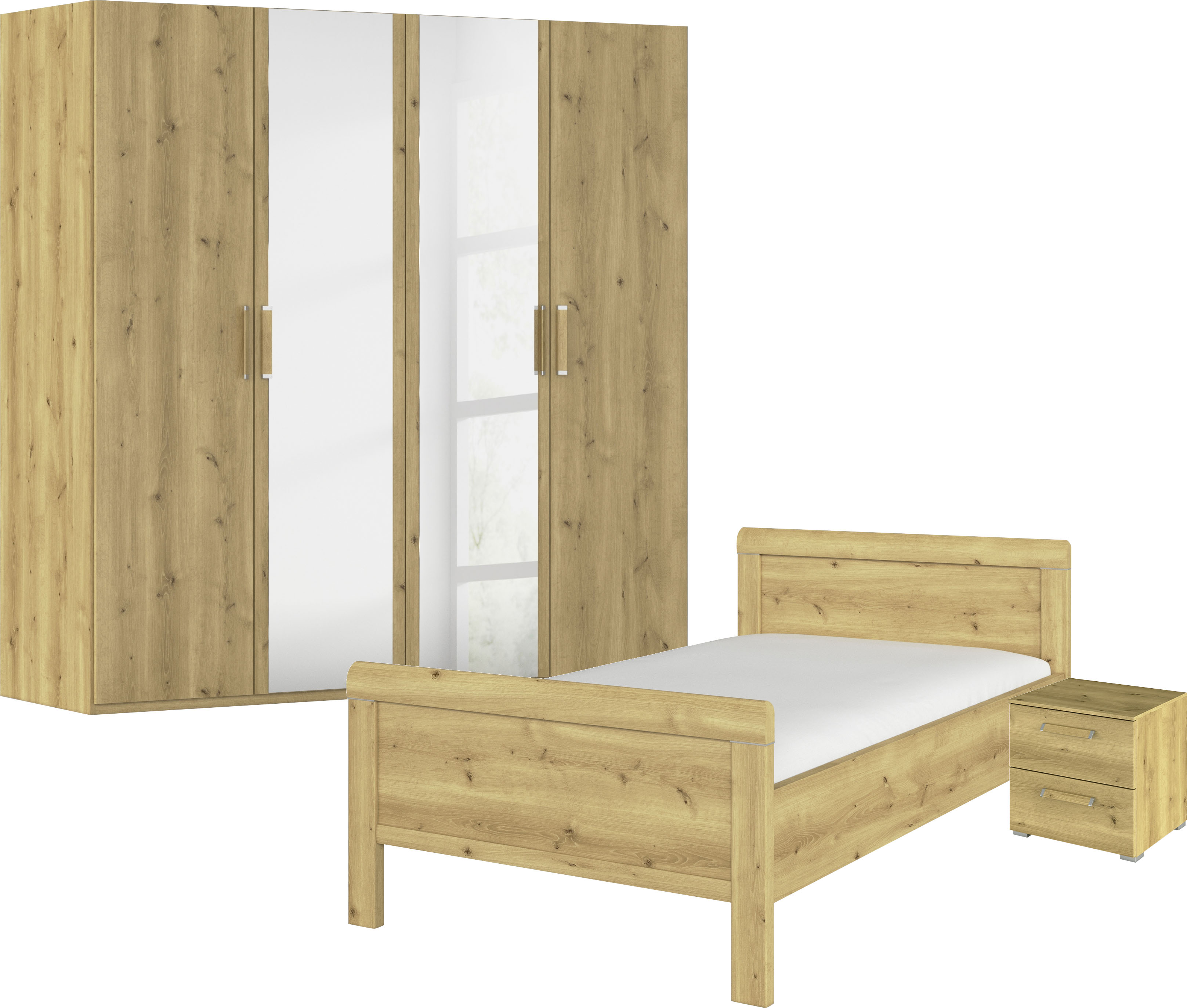 Schlafzimmer-Set RAUCH "Komplettschlafzimmer Schlafzimmer EVELYN", braun (asteiche), Bett 120x200cm + ohne Matratze, B/H: 120cm x 200cm, Bett 120x200cm, Holzwerkstoff, Schlafzimmermöbel-Sets, Schrank und Bett in 2 Breiten, Nachttisch 2 Schubladen...