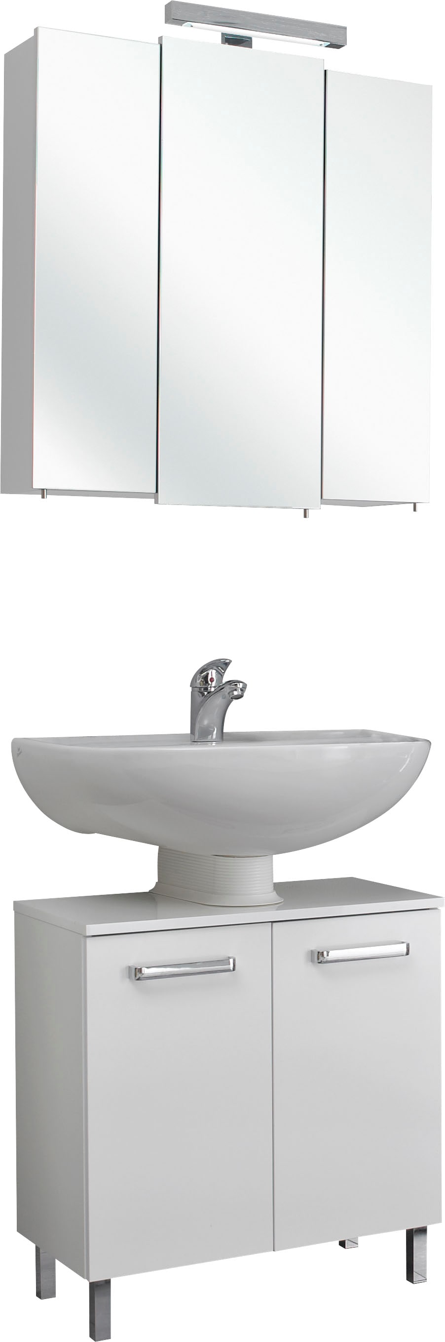 Badmöbel-Set SAPHIR "Quickset 2-teilig, Waschbeckenunterschrank mit LED-Spiegelschrank", weiß (weiß glanz), B:68cm H:200cm T:33cm, Holzwerkstoff, Kastenmöbel-Sets, Badmöbel-Set, Waschplatz 68 cm breit, 5 Türen, inkl. Türdämpfer, Griffe Chrom Glanz Image