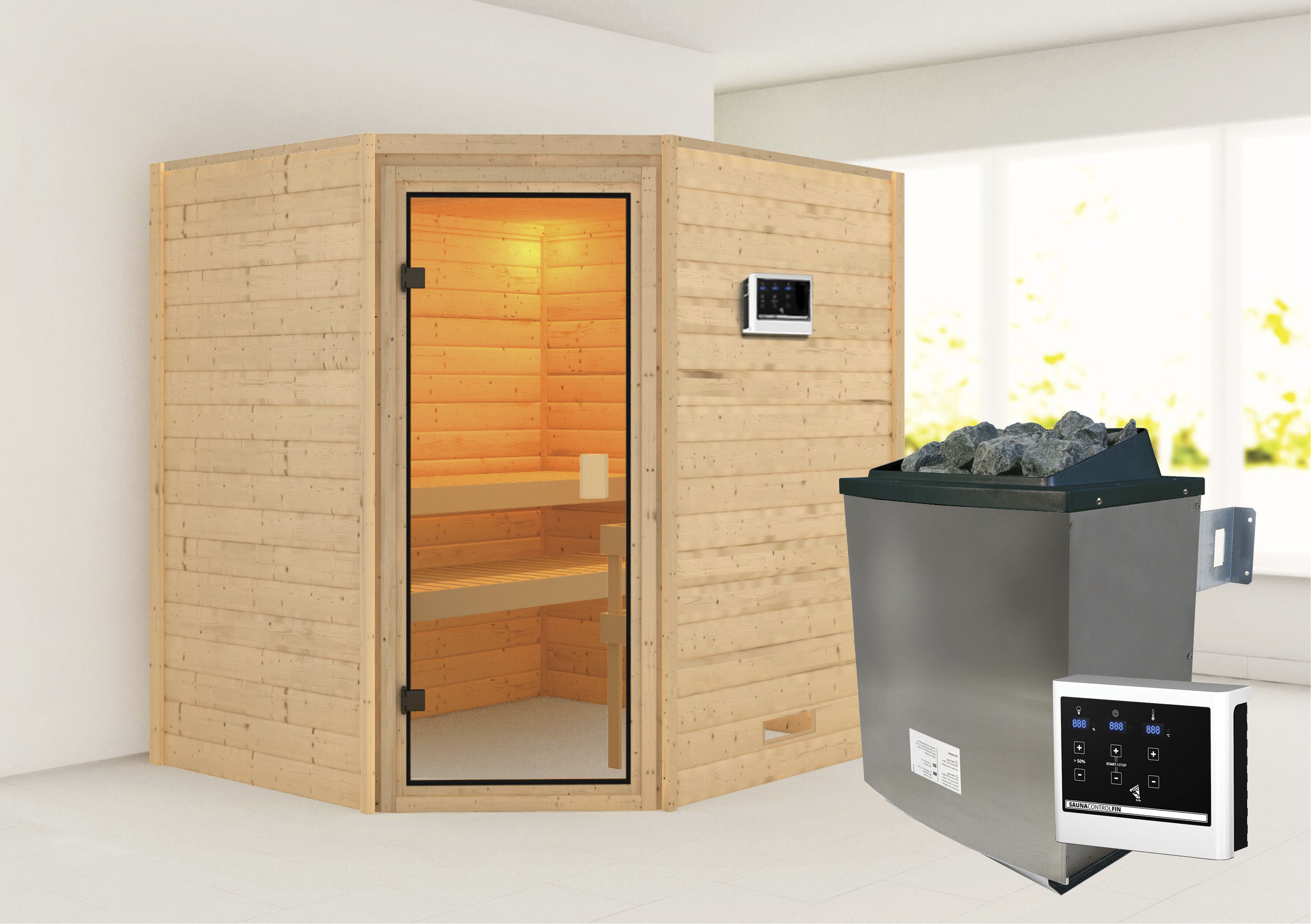 Sauna KARIBU "Mia (Fronteinstieg)", beige (naturbelassen), (ohne Ofen), Saunen, inklusive Ofenschutzgitter und Tür Image
