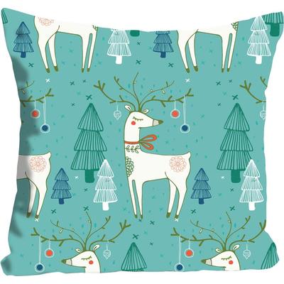Dekokissen QUEENCE "Damian", blau (türkis, bedruckt), B:40cm L:40cm, Polyester, Dekokissen_Sitzkissen_Kissenhüllen, mit Rentieren und Tannenbäumen Image
