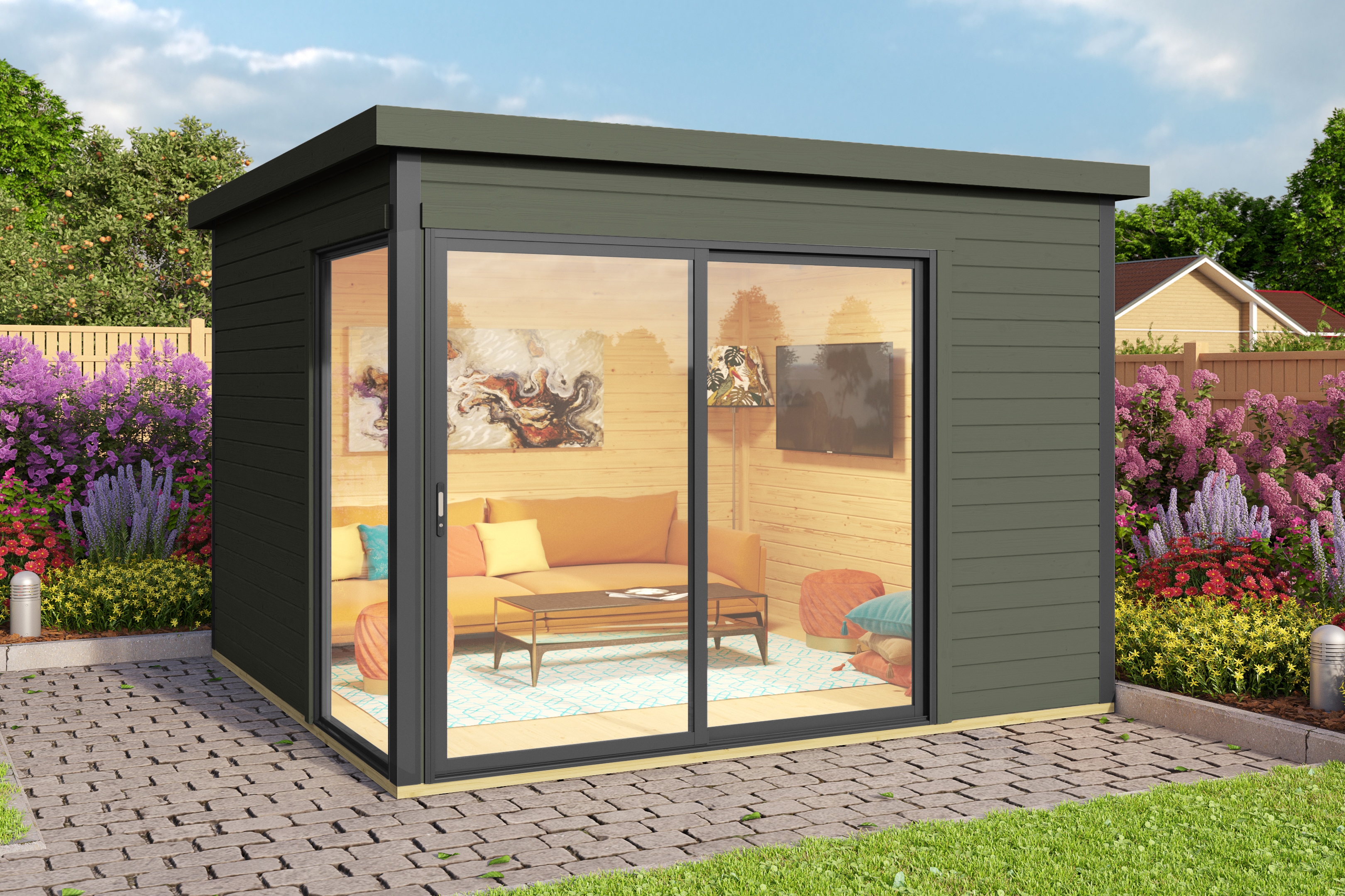 Gartenhaus NORDIC HOLZ "DOMEO 1", grün (grüngrau), Fußboden im Gartenhaus, Massivholzdach, Holz, Gartenhäuser, Gartenhaus