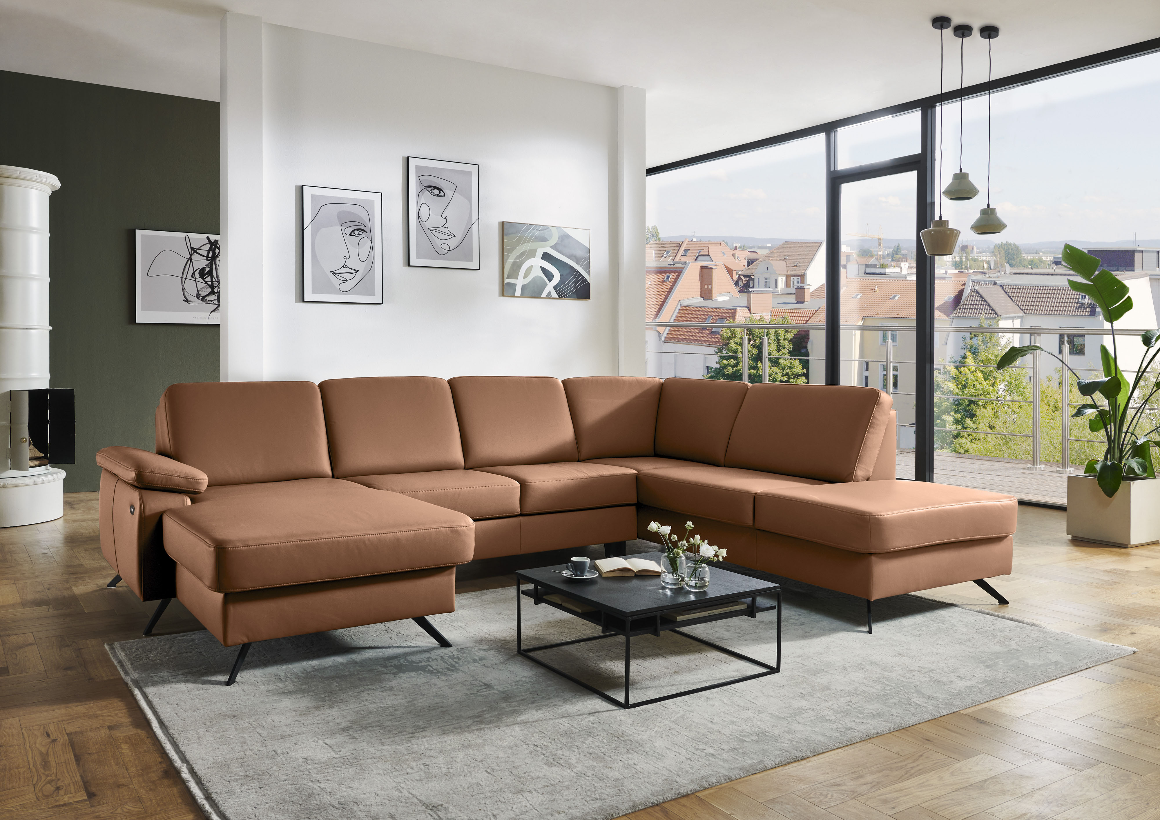 Wohnlandschaft DIE PLANBAR "PN-EM15047 U-Form, ohne Kopfstützen", parkett, B:309cm H:88cm T:235cm, Sofas, Wohnlandschaft, Echtleder, wahlweise mit Bettfunktion u. Stauraum