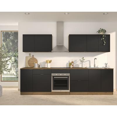Küchenzeile GAMI "Küchenzeile 300 EDEN", grau (front: schwarz, korpus: eiche helvezia nachbildung, arbeitsplatte: eiche helvezia nachbildung), B:300cm H:200cm T:60cm, Komplettküchen-Sets, mit melaminbeschichteter Oberfläche, robust und pflegeleicht Image