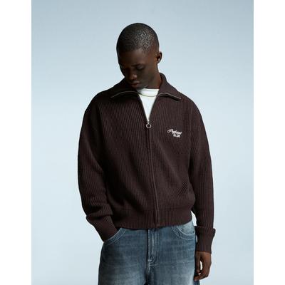 Bershka Embroidered Zip-Up Jacket Men Xs Brown