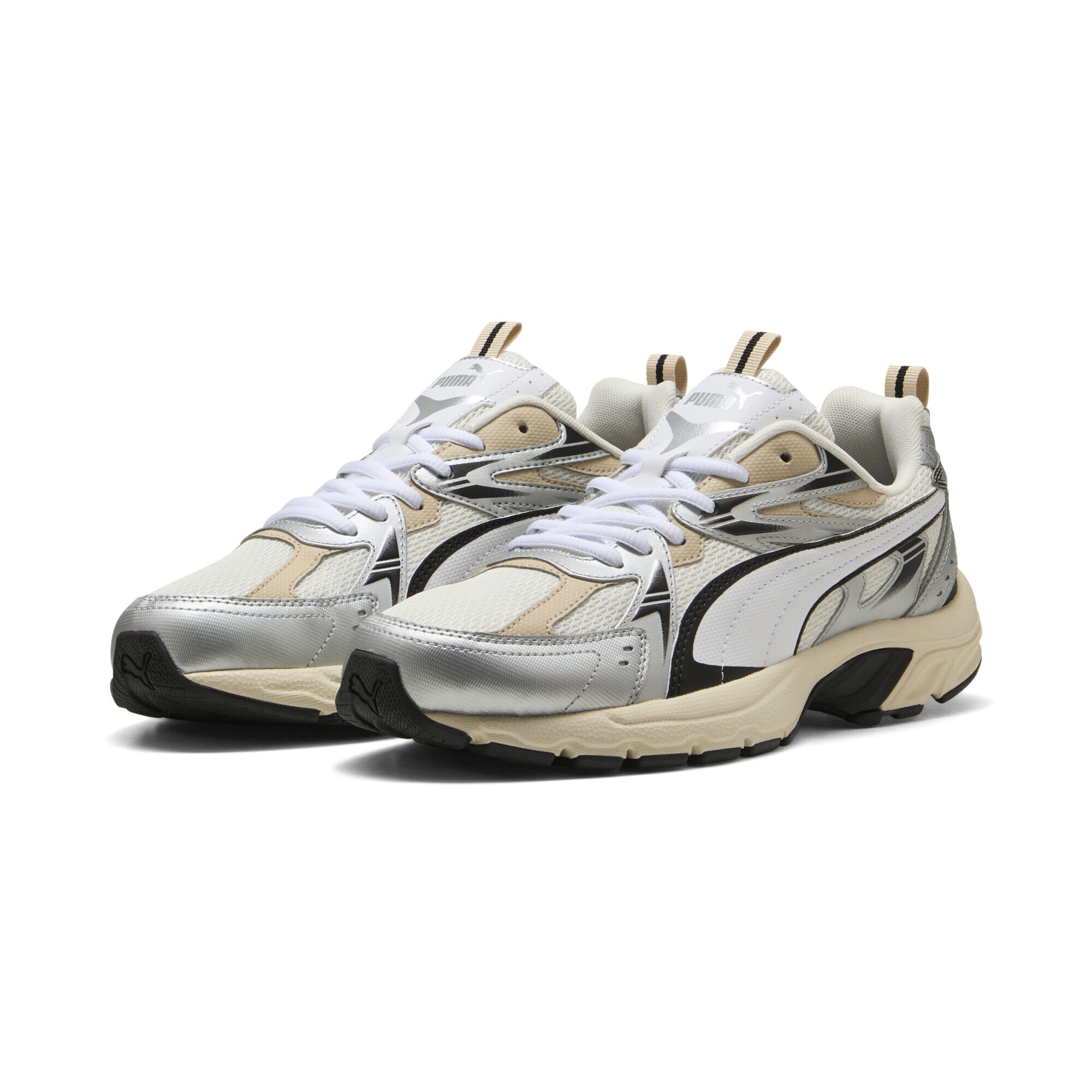 Sneaker PUMA "Milenio Tech Sneakers Erwachsene", Damen, Gr. 46, warm weiß silber metallic, Obermaterial: Textil, Synthetik; Futter: Textil; Innensohle: Textil; Laufsohle: Gummi, Schuhe Sneaker