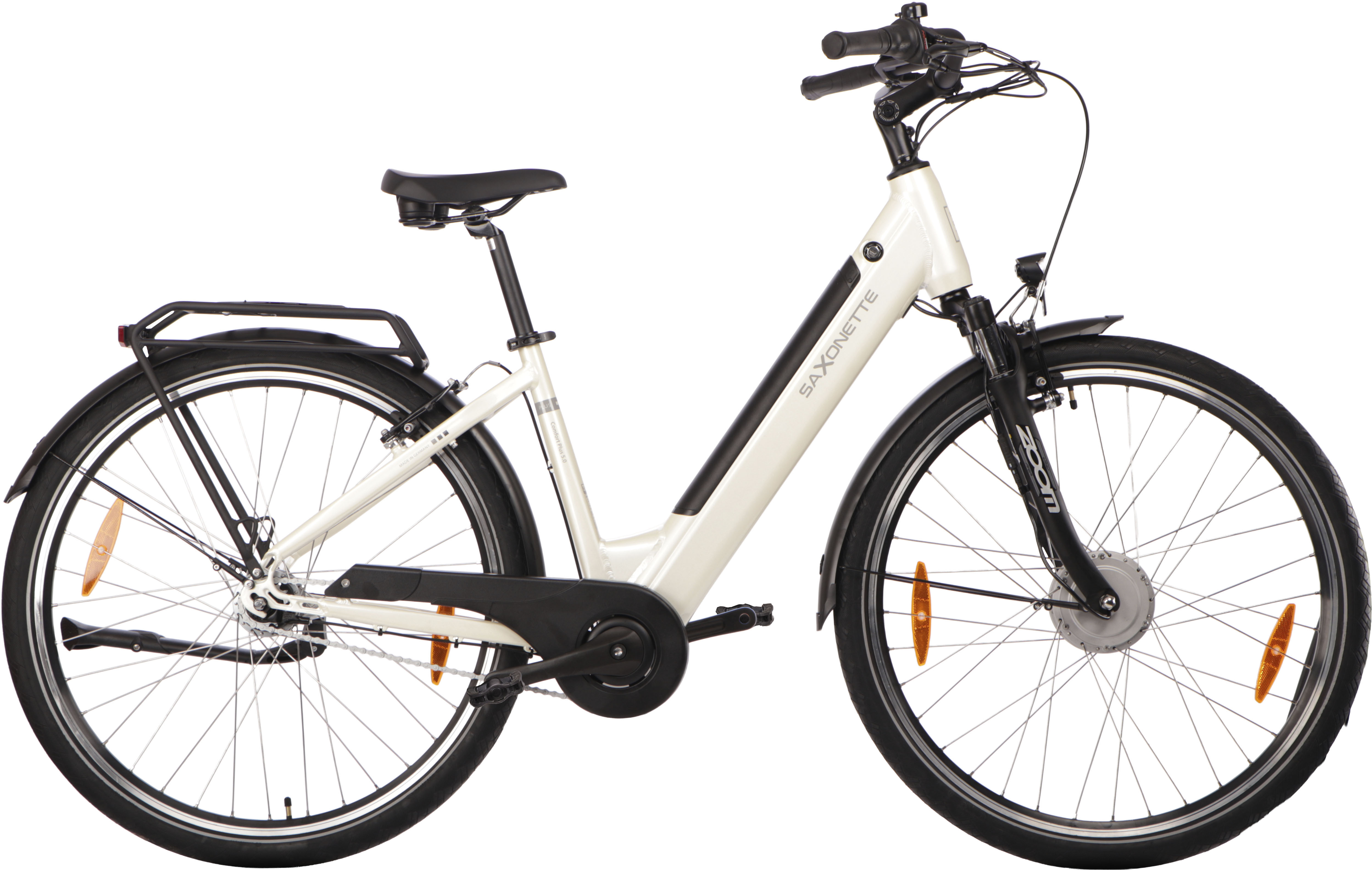 E-Bike SAXONETTE "SAXONETTE Comfort Plus 5.0 E-Bike Damen 28 Zoll" Gr. 45, schwarz (weiß, schwarz), Elektrofahrräder, 45cm, 28 Zoll (71,12cm), (mit integr. Akku), Elektrofahrrad für Alltag und Einkauf Image