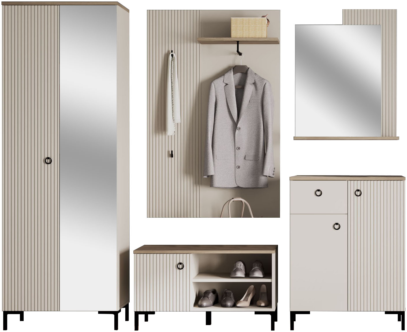 Garderoben-Set HOME AFFAIRE "Luminara", beige (cashmere (beige), eiche), B:245cm H:199cm T:41cm, Floatglas, Holzwerkstoff, MDF, Metall, Kastenmöbel-Sets, Komplettset: Schrank mit Spiegel, Sitzbank, Paneel, Kommode & Spiegel