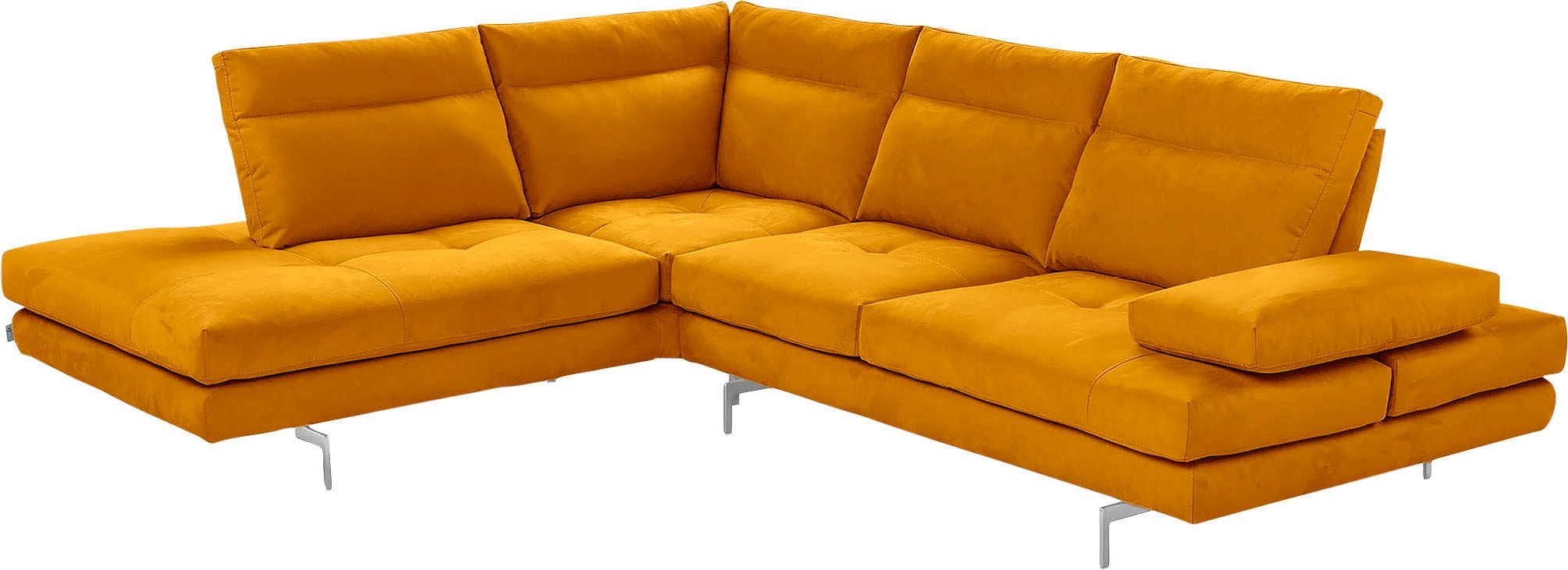 Ecksofa CALIA ITALIA "Toby Wing, B/T: 288/232 cm, Multifunktionssofa, Designsofa, L-Form", gelb (ocra mario), B:288cm H:90cm T:232cm, Mikrofaser mit Nubuk Optik (100% Polyester), Sofas, Ecksofa, Sitztiefenverstellung und Armteilfunktion, Füße chrom... Image