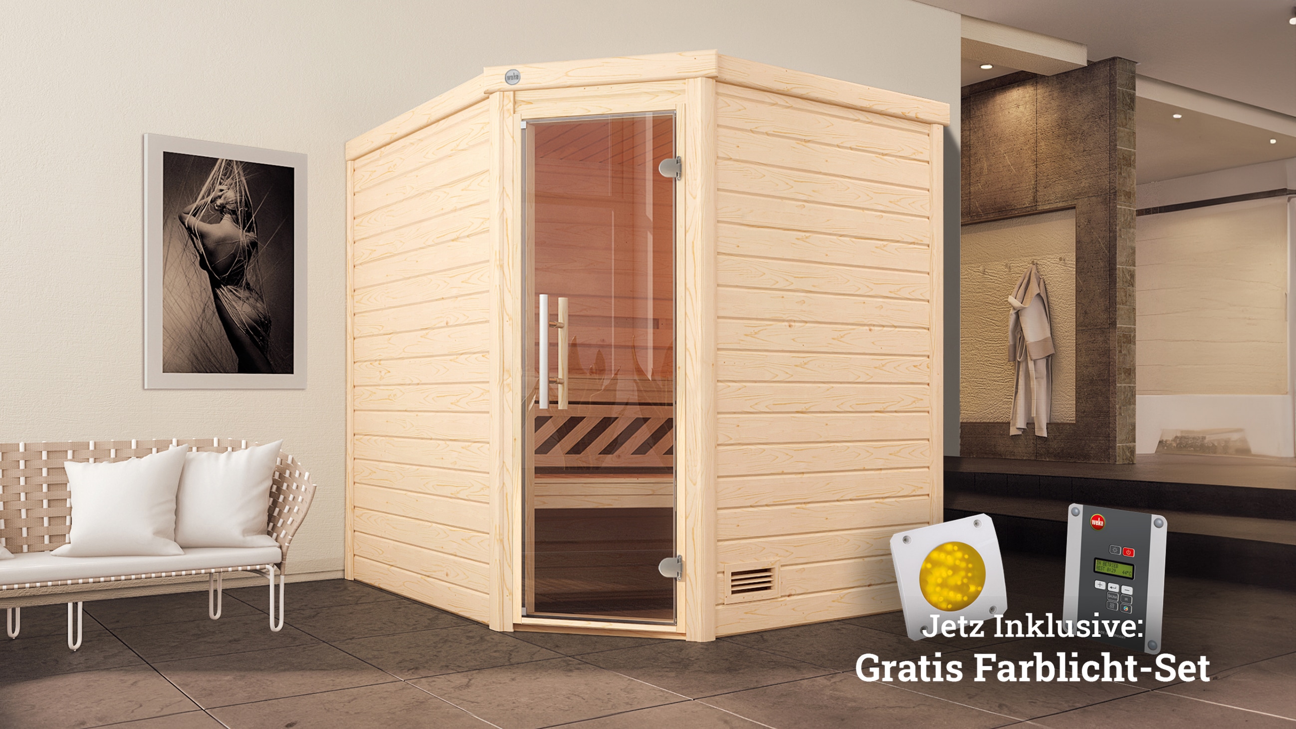 Sauna WEKA "Turku", beige (natur), Bio-Ofen, externe Steuerung, 7,5 kW, Saunen, 7,5 kW Bio-Ofen mit digitaler Steuerung Image