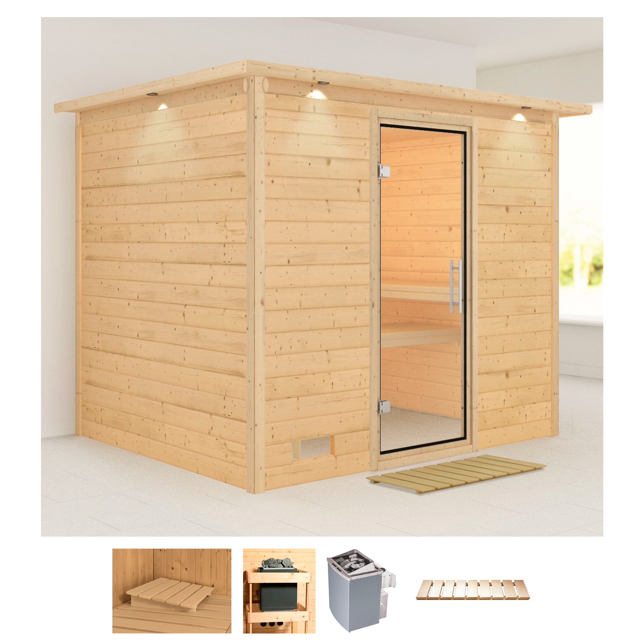 Sauna KARIBU "Soraja", beige (naturbelassen), Saunaofen, integrierte Steuerung, 9 kW, Saunen, 9-kW-Ofen mit integrierter Steuerung Image