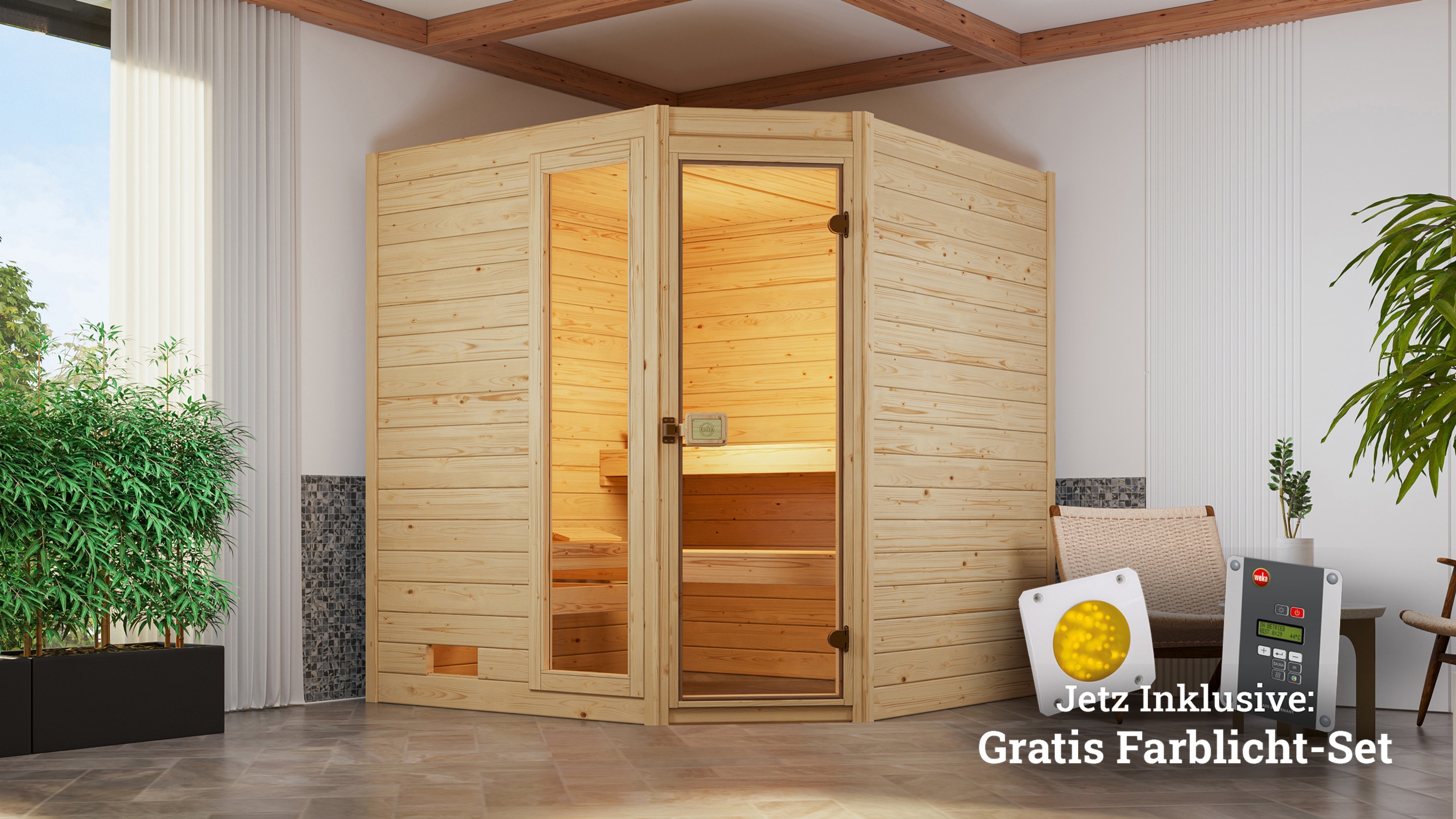 Sauna WEKA "Valida", beige (natur), Saunaofen, externe Steuerung, 7,5 kW, Saunen, 7,5 kW-Ofen mit digitaler Steuerung