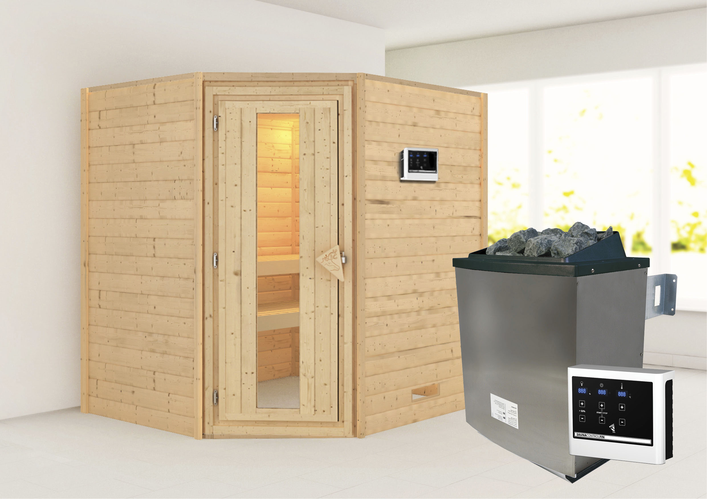 Sauna KARIBU "Mia (Fronteinstieg)", beige (naturbelassen), (ohne Ofen), Saunen, Ofen 9 KW externe Strg easy
