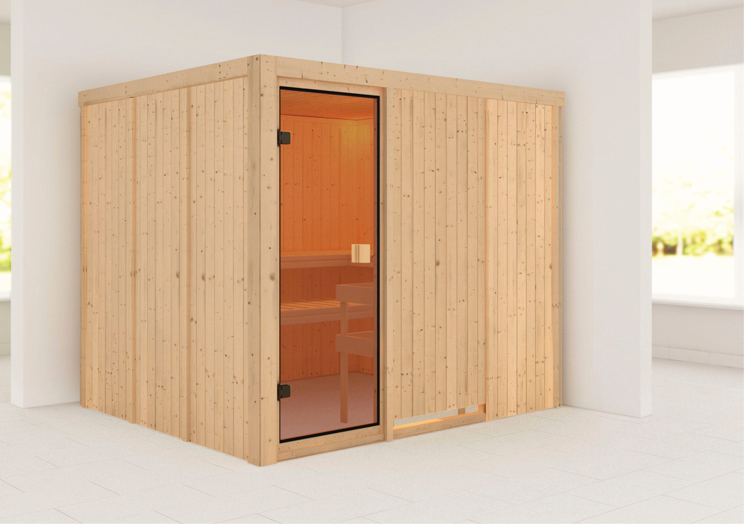 Sauna KARIBU "Nybro", beige (naturbelassen), (ohne Ofen), Saunen, inklusive Ofenschutzgitter und Tür Image