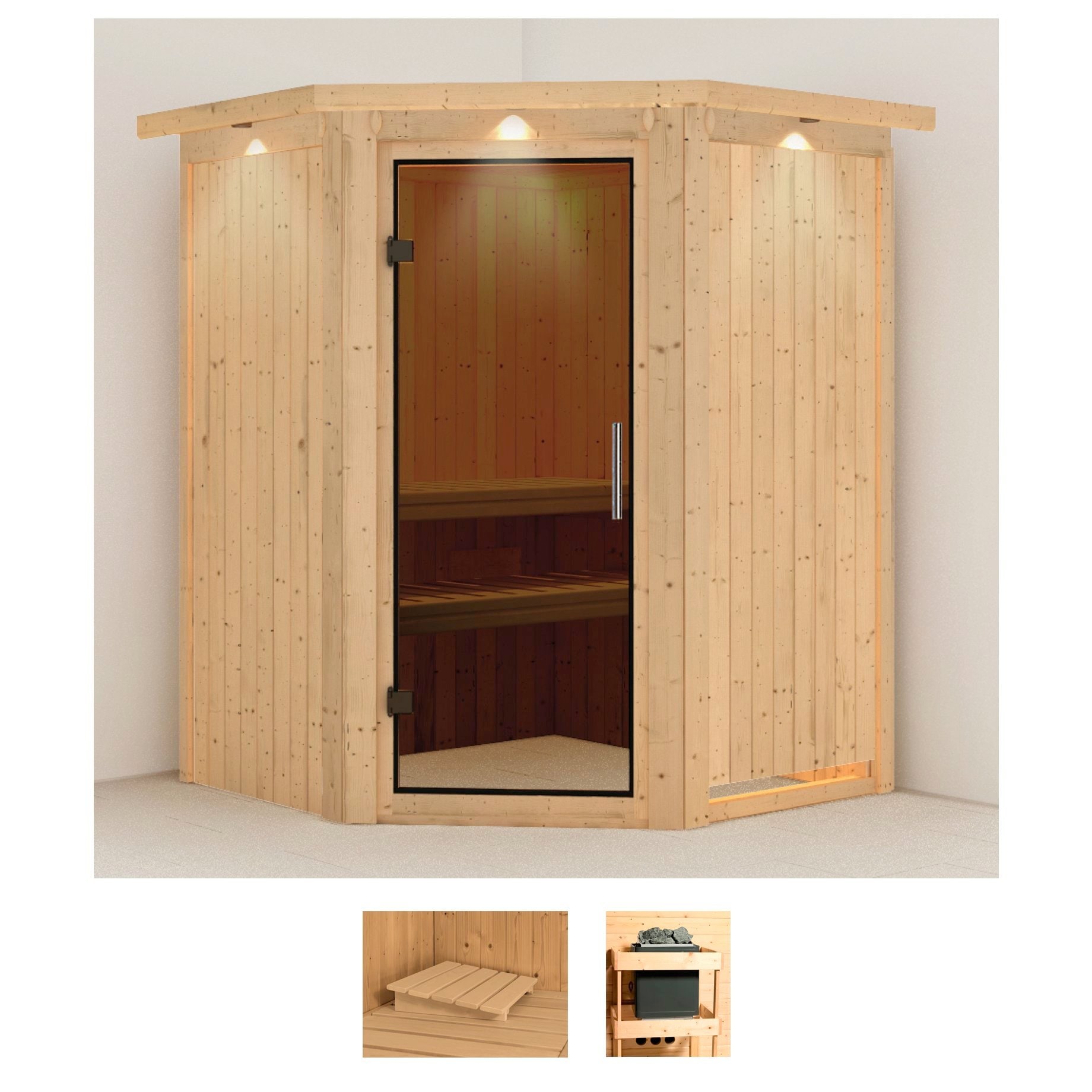 Sauna KARIBU "Larin", beige (naturbelassen), ohne Ofen, (ohne Ofen), Saunen, ohne Ofen Image