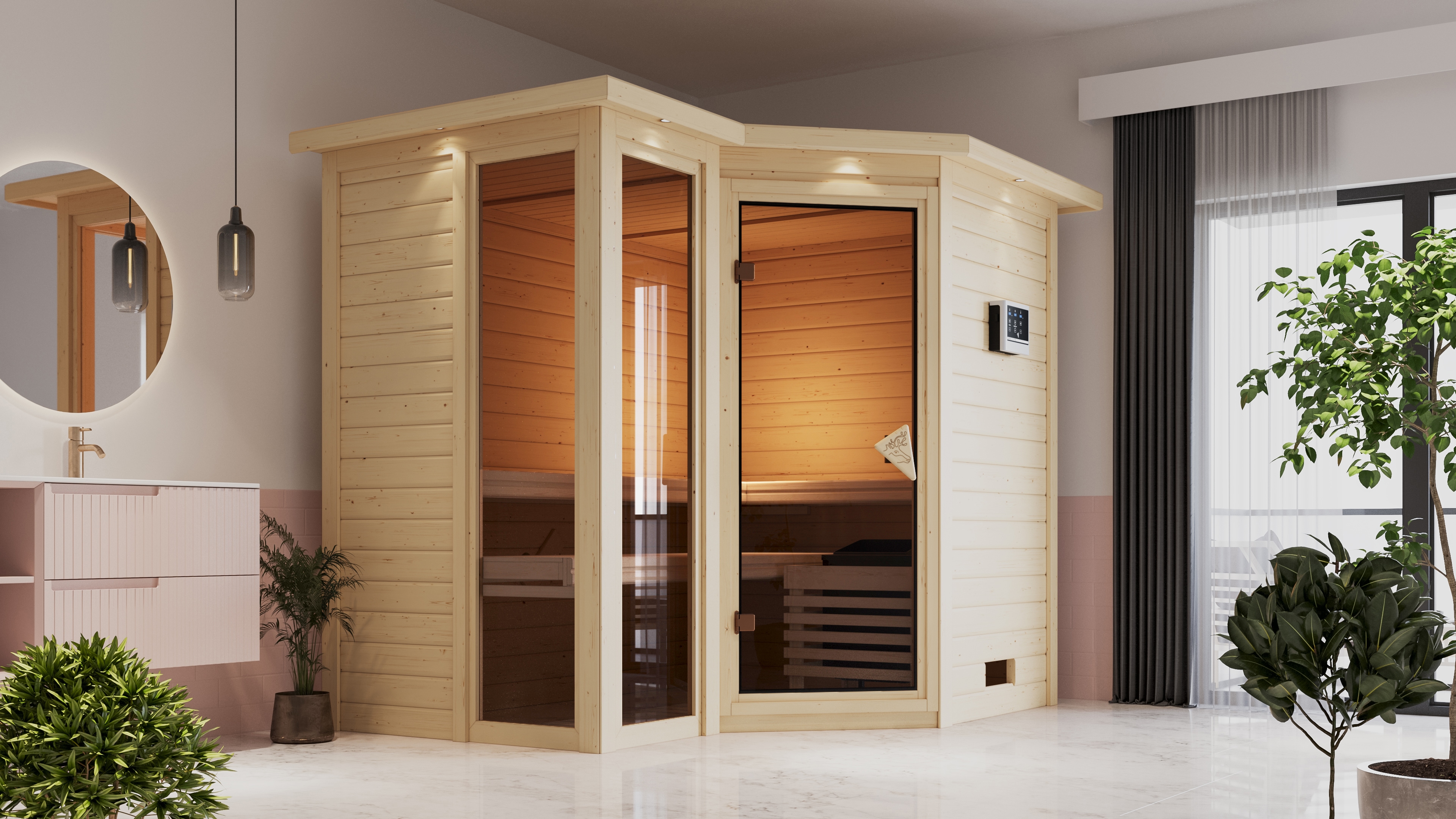 Sauna KARIBU "Amada", beige (naturbelassen), Saunaofen, externe Steuerung, 9 kW, Saunen, 9-kW-Ofen mit externer Steuerung Image
