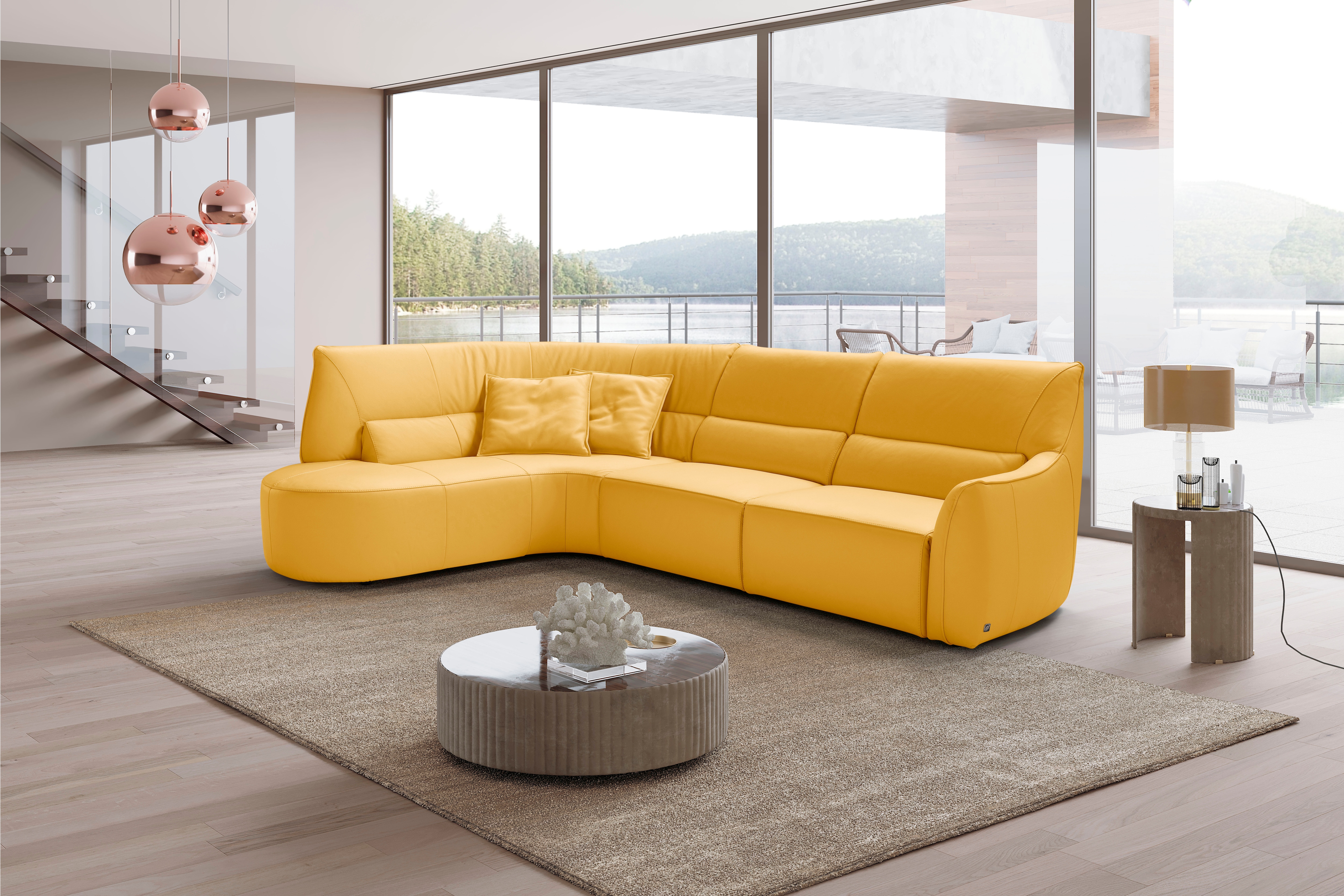 Ecksofa EGOITALIANO "Puffy, extravagant & edel, Retro Designsofa, hoher Sitzkomfort, L-Form", gelb, B:330cm H:88cm T:205cm, Leder »BULL« (echtes Rindsleder). Geschliffenes, pigmentiertes und behandeltes Rindsleder mit einer Dicke von 1, 3-1, 5 mm....