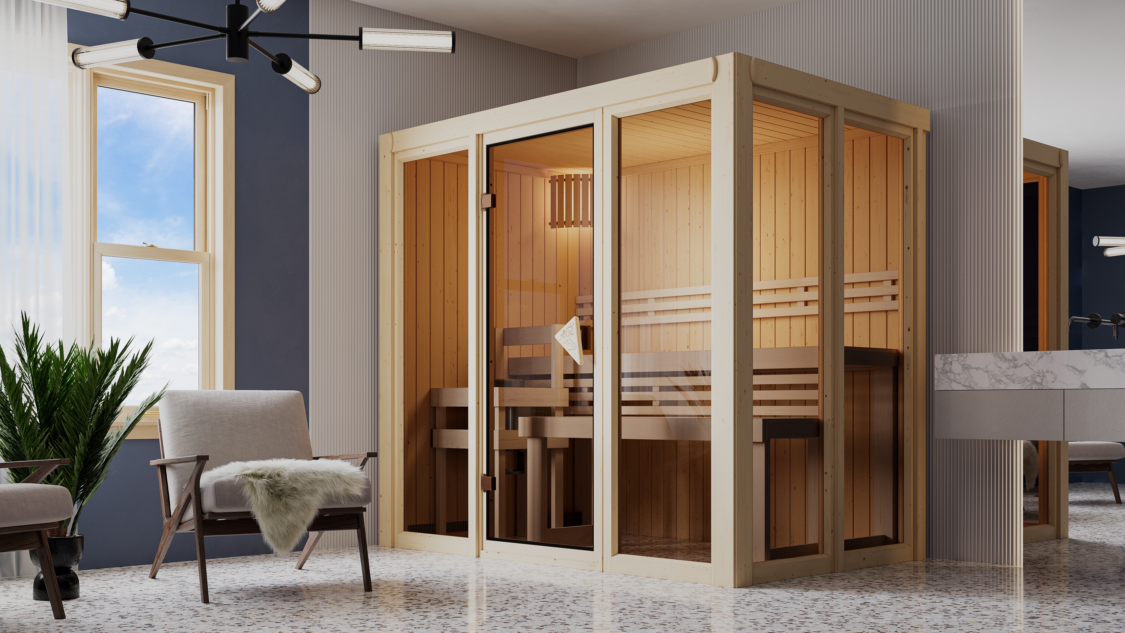Sauna KARIBU "Ivana 3", beige (naturbelassen), ohne Ofen, ohne Steuerung, (ohne Ofen), Saunen, Ganzglasfront Image