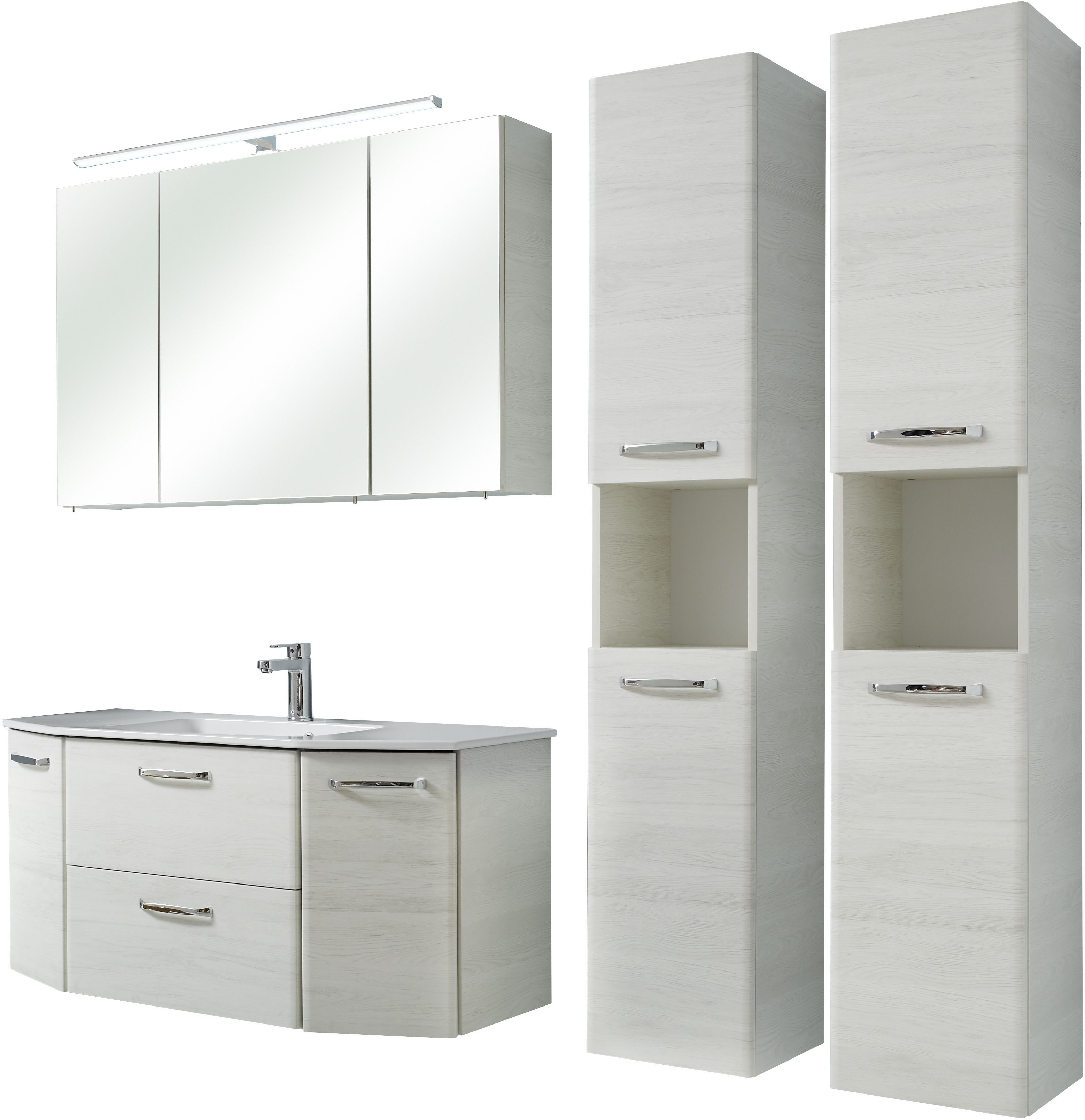 Badmöbel-Set SAPHIR "Quickset 936 4-teilig, Glaswaschtisch und LED-Spiegelschrank", weiß (eiche weiß quer nachbildung), B:172cm T:49cm, Keramik, MDF, Spanplatte, Kastenmöbel-Sets, 2 Hochschränke, Eiche Weiß quer Nachbildung, inkl. Türdämpfer, 9 Türen Image