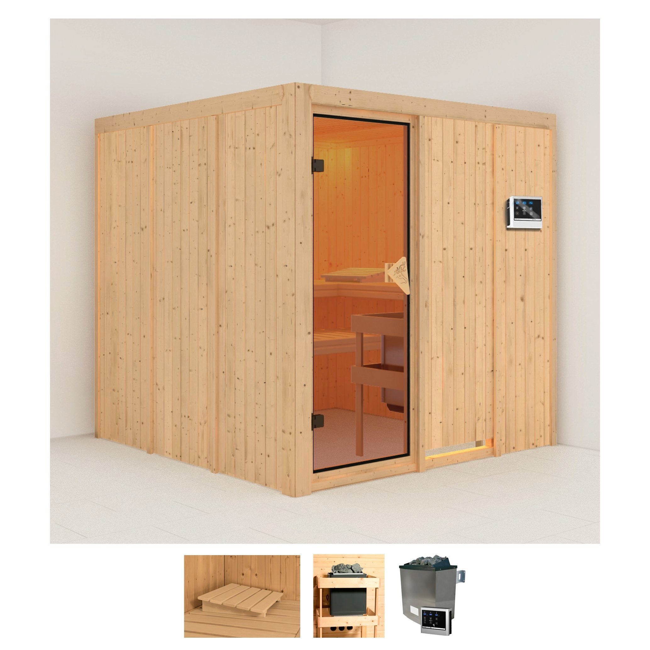 Sauna KARIBU "Rodin", beige (naturbelassen), Saunaofen, externe Steuerung, 9 kW, Saunen, 9-kW-Ofen mit externer Steuerung Image