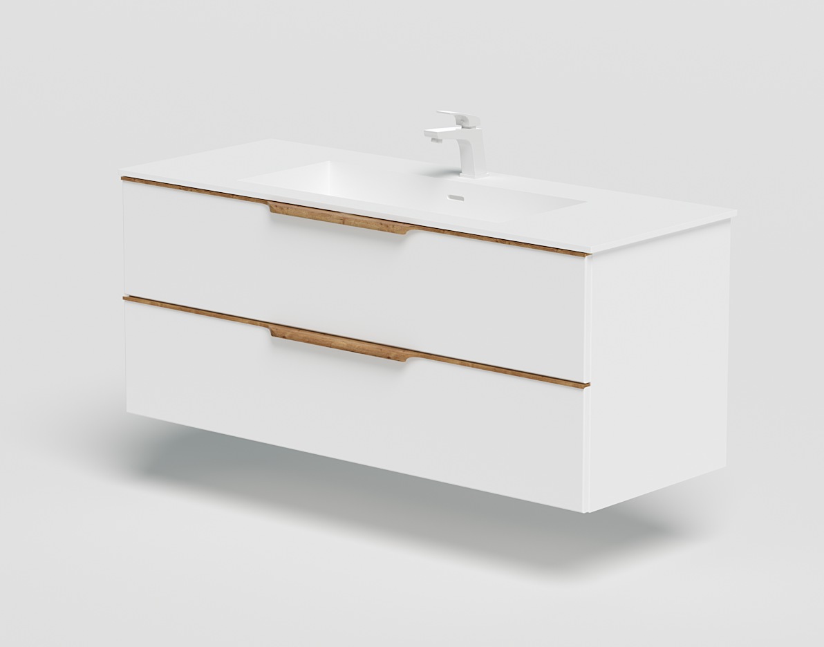 Waschtisch WELLTIME "Amber", weiß (weiß, weiß), B:120cm H:50cm T:46,5cm, FSC-zertifizierter Holzwerkstoff, Holzwerkstoff, Kunststoff, MDF, Massivholz, Metall, Waschtische, mit CORIAN-Acrylstein Waschbecken, massive Eichendetails Image