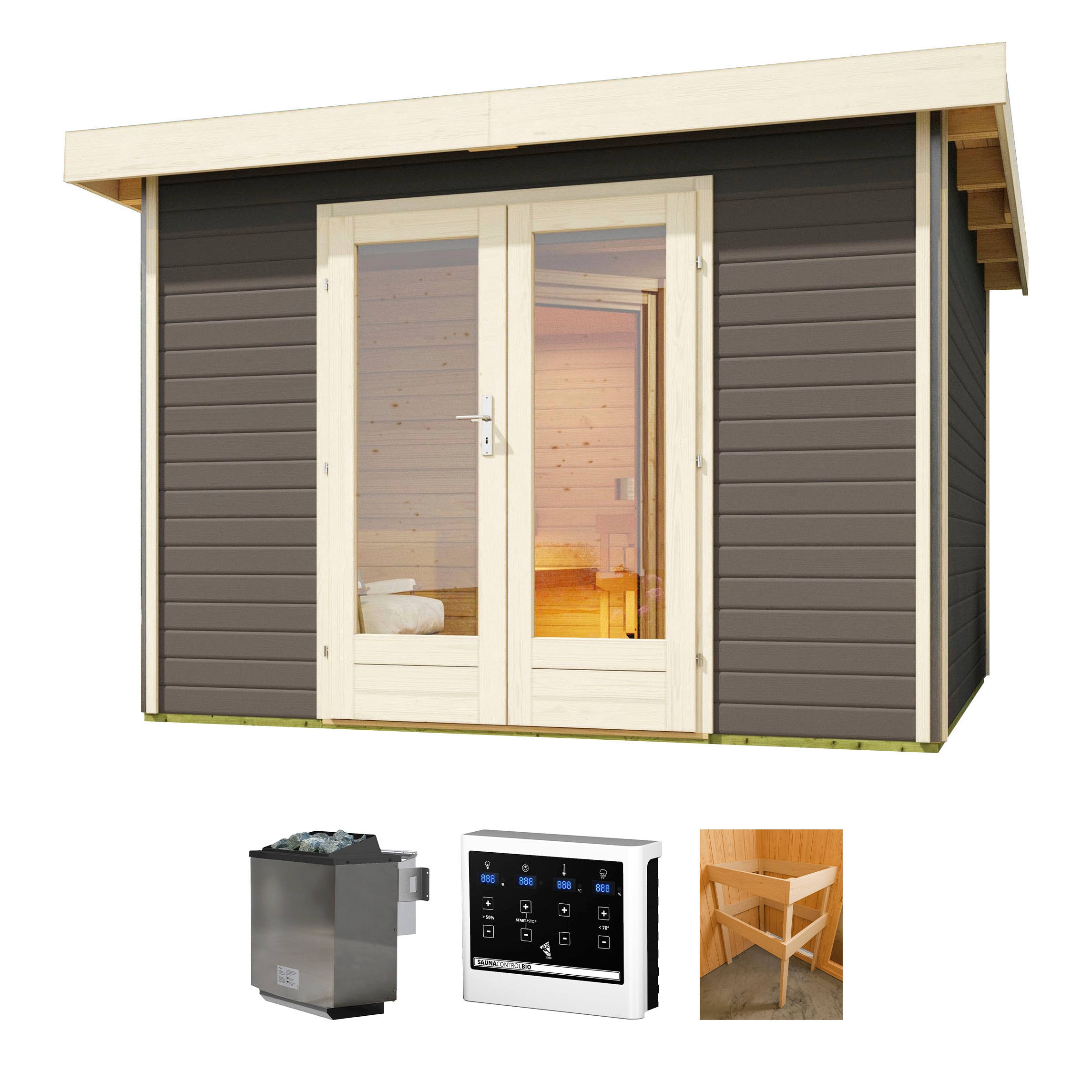 Saunahaus KONIFERA "Maiko 1 SET A", grau (terragrau), Bio-Ofen, externe Steuerung, 9 kW, Saunen, terragrau, mit Ofen 9 kW Bio ext. Steuerung Image
