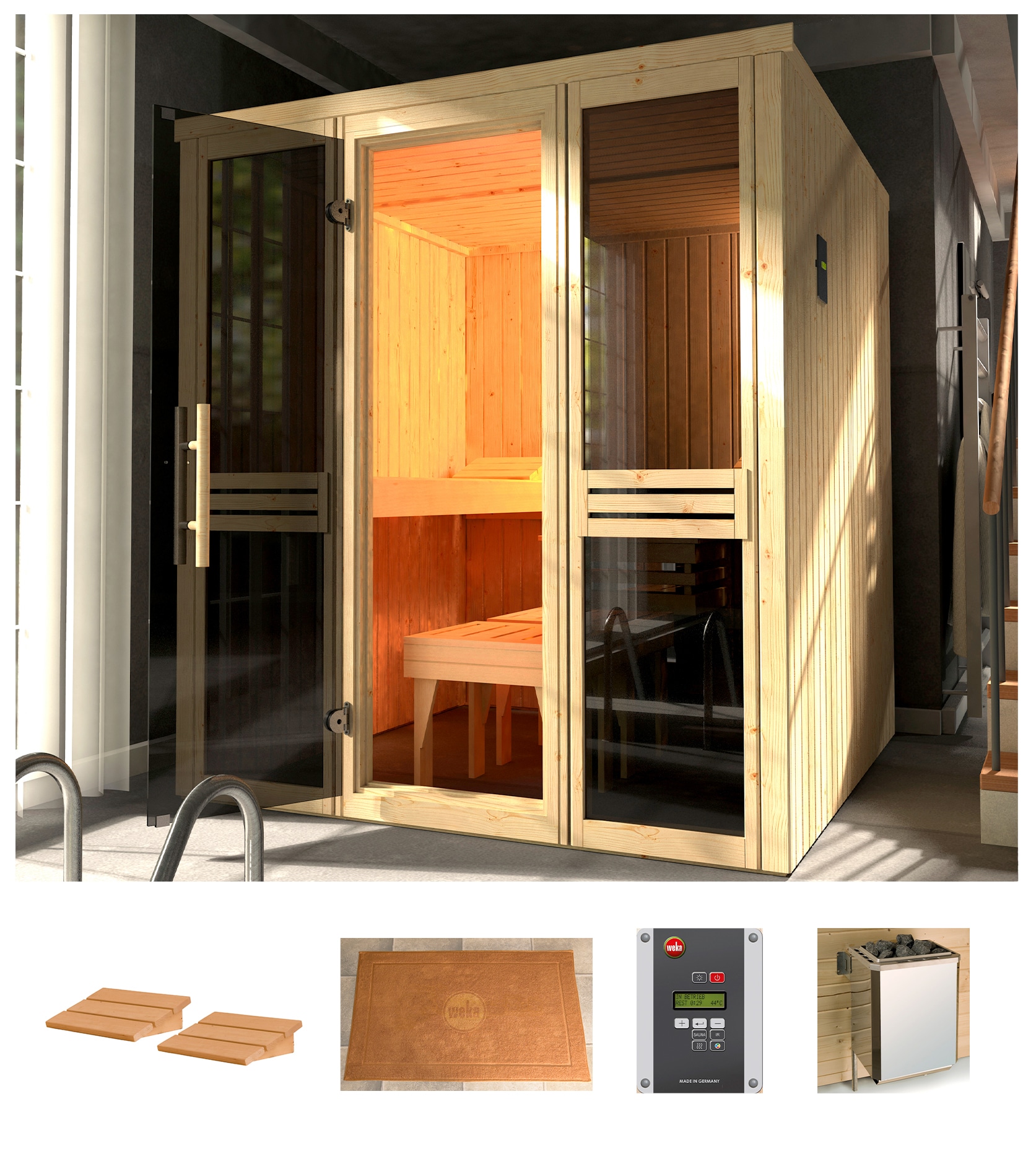 Sauna WEKA "Classic", beige (natur), Bio-Kombiofen, externe Steuerung, 7,5 kW, Saunen, 7,5 kW Bio-Kombiofen mit ext. Strg.