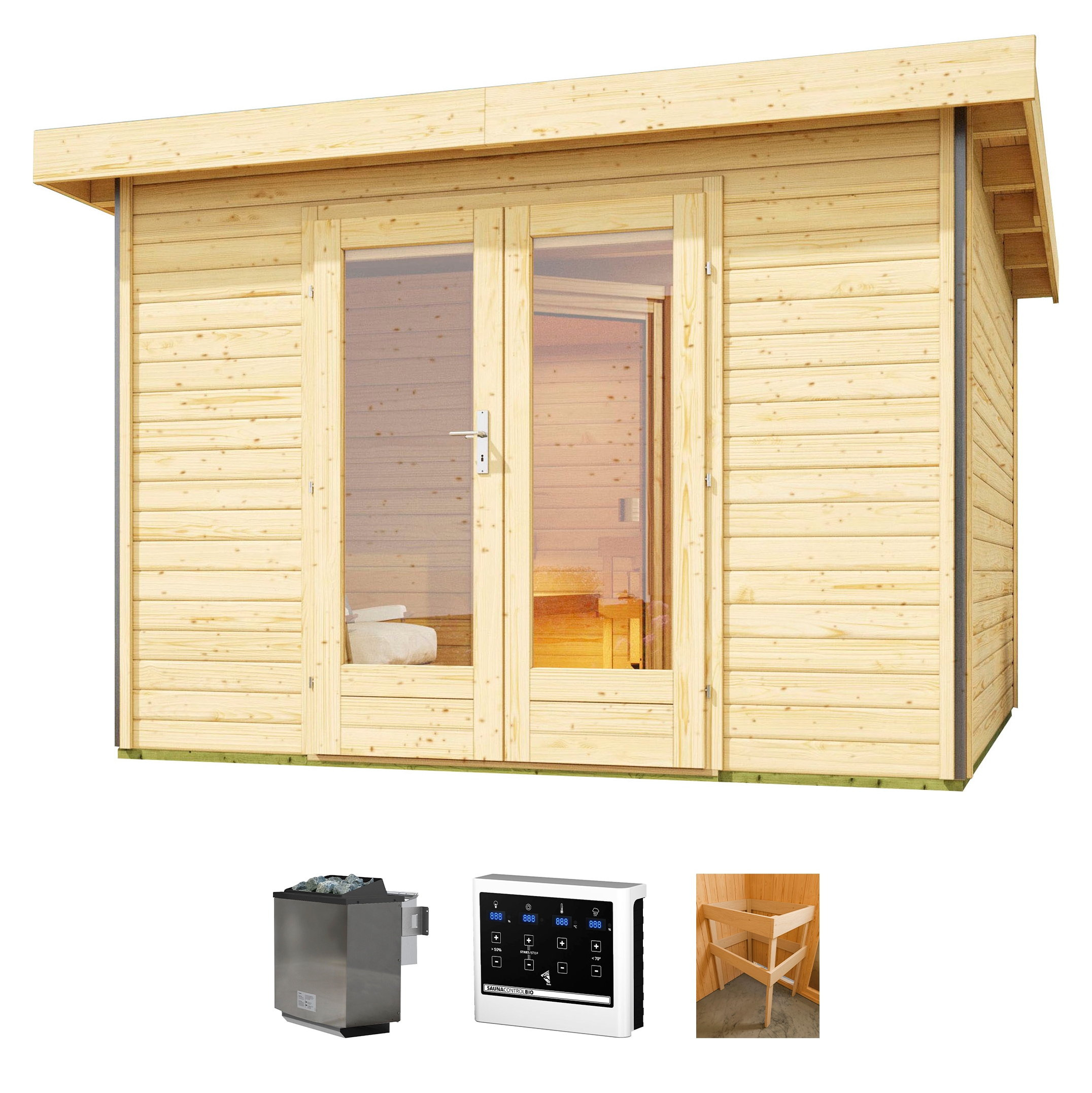 Saunahaus KONIFERA "Maiko 1 SET B", beige (natur), Bio-Ofen, externe Steuerung, 9 kW, Saunen, naturbelassen, mit Ofen 9 kW Bio ext. Steuerung Image