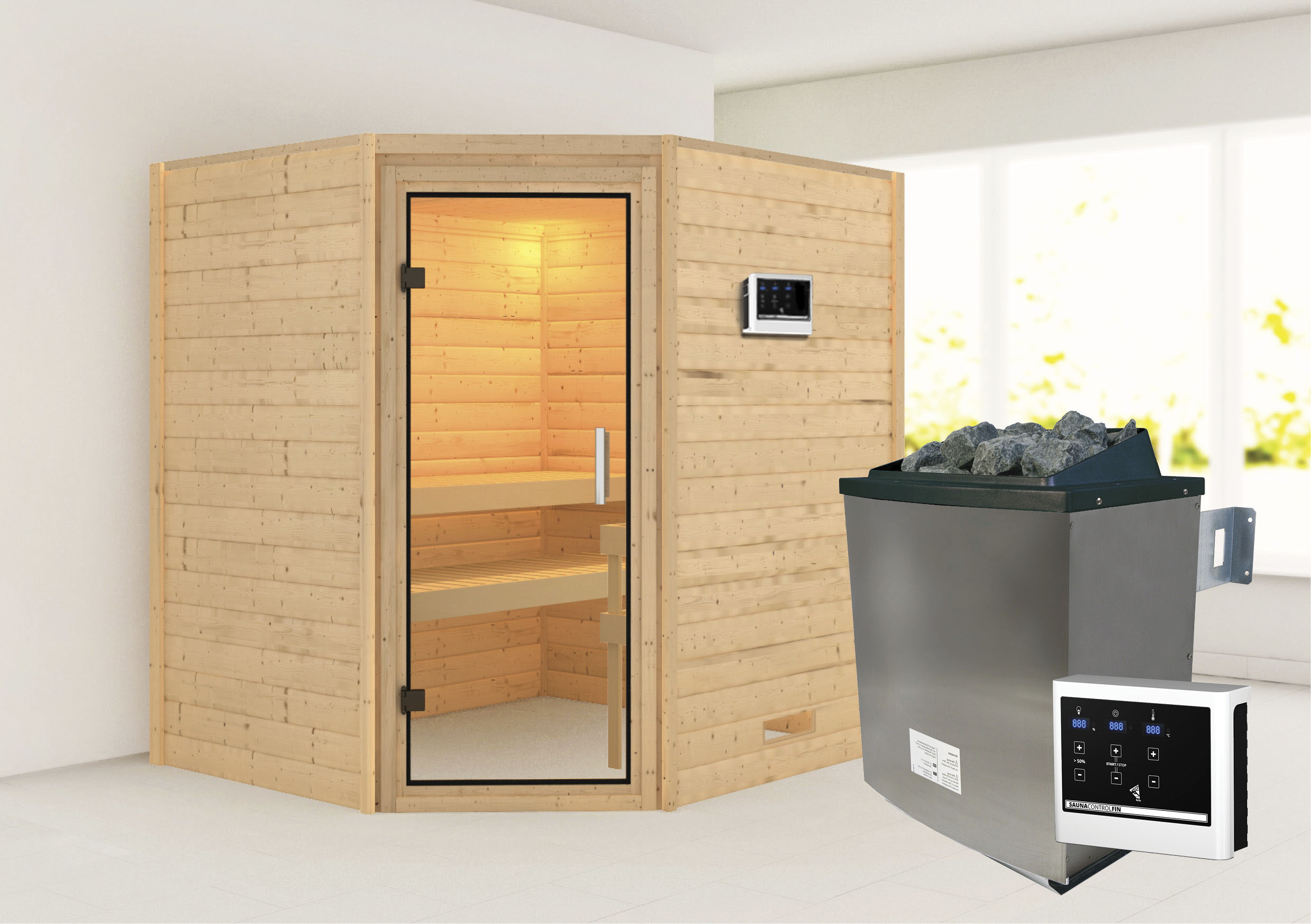 Sauna KARIBU "Mia (Fronteinstieg)", beige (naturbelassen), (ohne Ofen), Saunen, Ofen 9 KW externe Strg easy