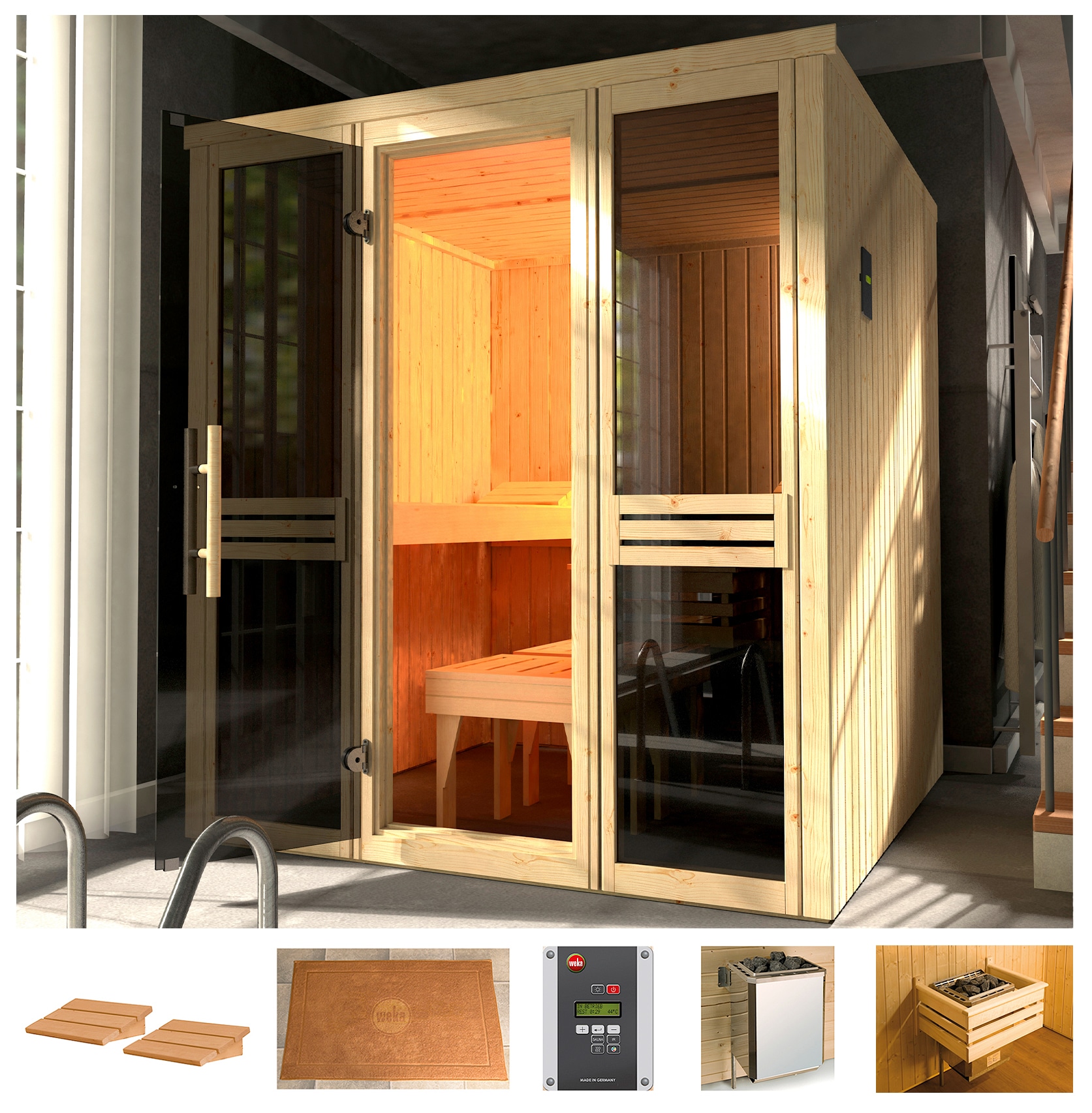 Sauna WEKA "Classic", beige (natur), Saunaofen, externe Steuerung, 7,5 kW, Saunen, 7,5 kW Ofen mit ext. Steuerung, Fenster Image