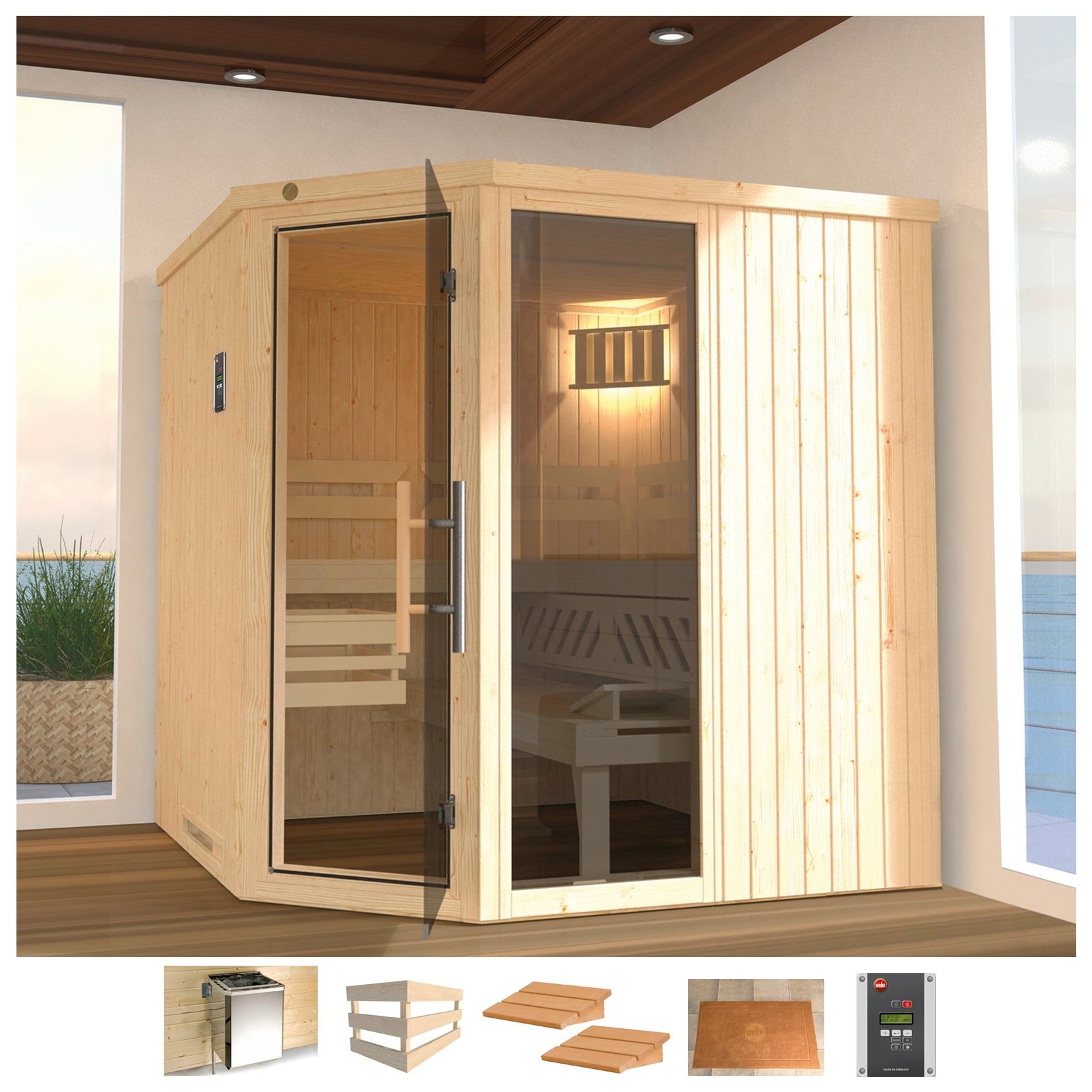 Sauna WEKA "Varberg 3", beige (natur), Bio-Ofen, externe Steuerung, 7,5 kW, Saunen, 7,5 kW Bio-Ofen mit ext. Steuerung