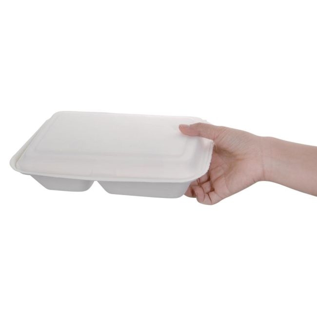Gastronoble Fiesta Compostable - Kompostierbare Bagasse-Mahlzeitendosen mit Scharnierdeckel, weiß, 2 Teile (200 Stück) Image
