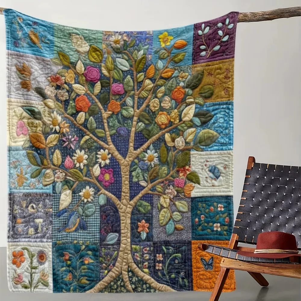 VIKAMA Patchwork-Reisedecke, Decke für vier Jahreszeiten, universelles Blumen- und Baummuster, Schlafzimmer, Sofadecke, Heimdekoration Image